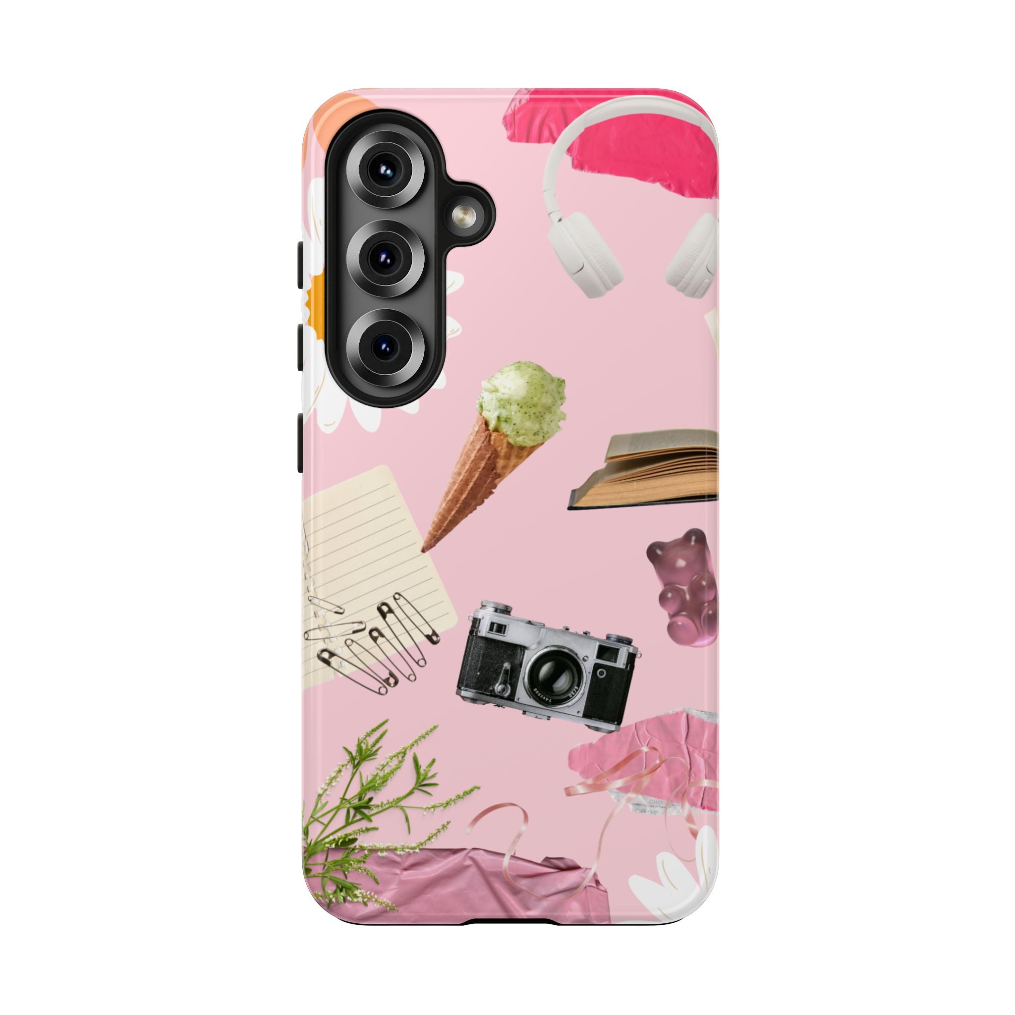 Pastel Collage Tough Phone Case – Cute Floral, Camera & Snacks Pattern