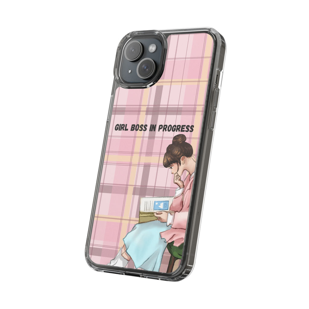Girl Boss in Progress Clear Phone Case – Pink Plaid Feminine iPhone Cover