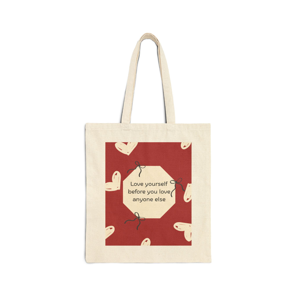Tote Bag — 'Love Yourself First' Heart Canvas Tote, Self-Care Quote Eco Shopper