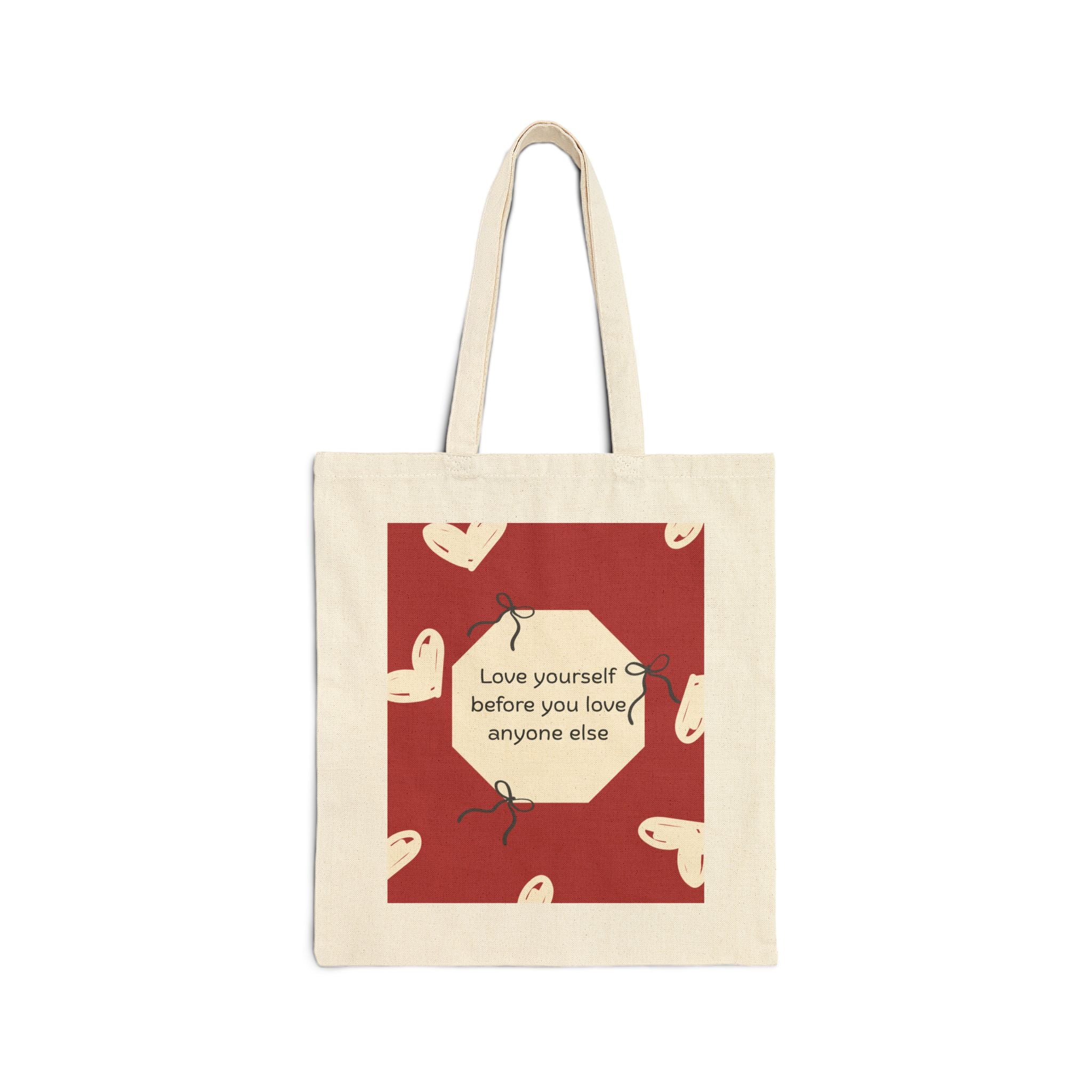 Tote Bag — 'Love Yourself First' Heart Canvas Tote, Self-Care Quote Eco Shopper