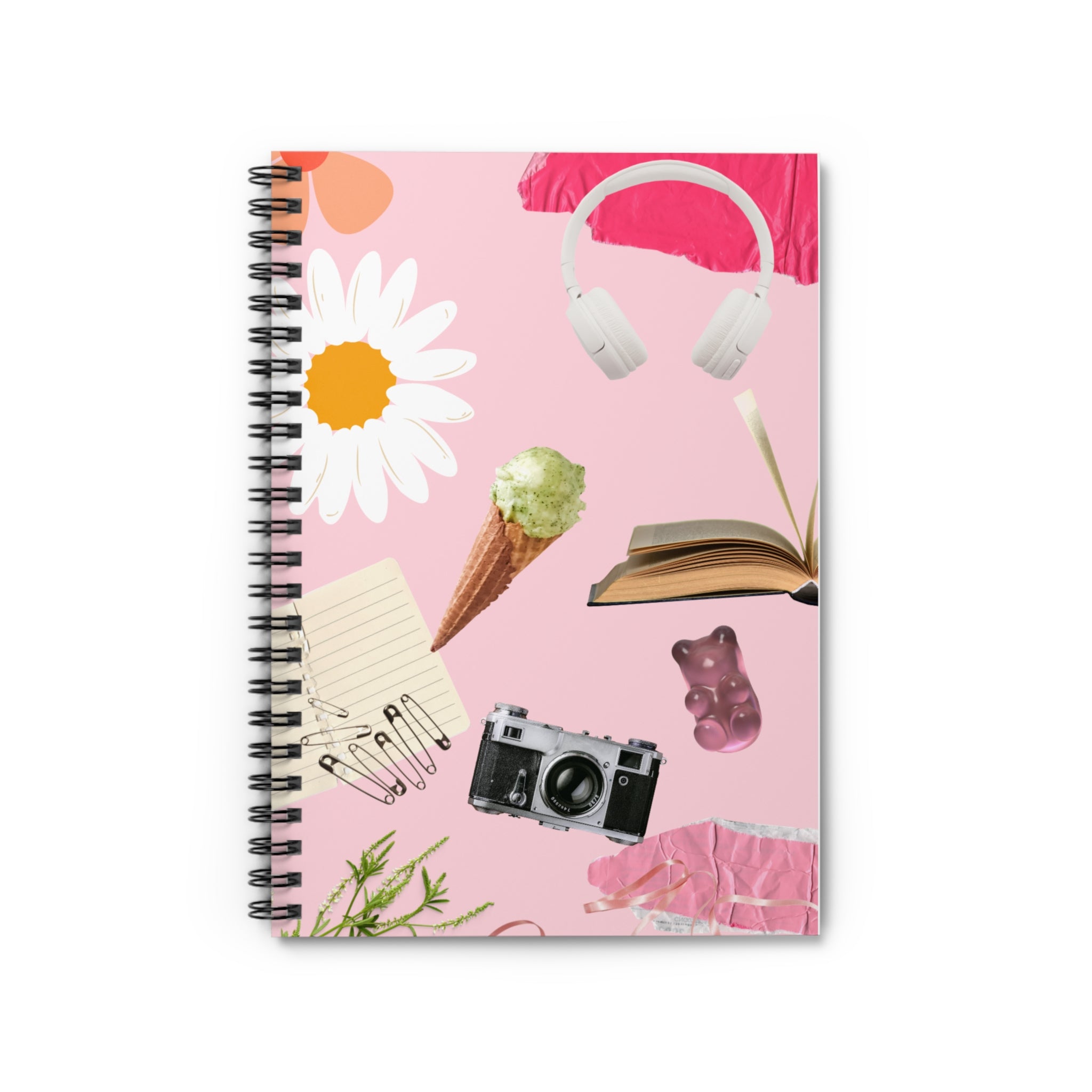 Pink Collage Spiral Notebook — Cute Daisy, Headphones & Camera Ruled Journal