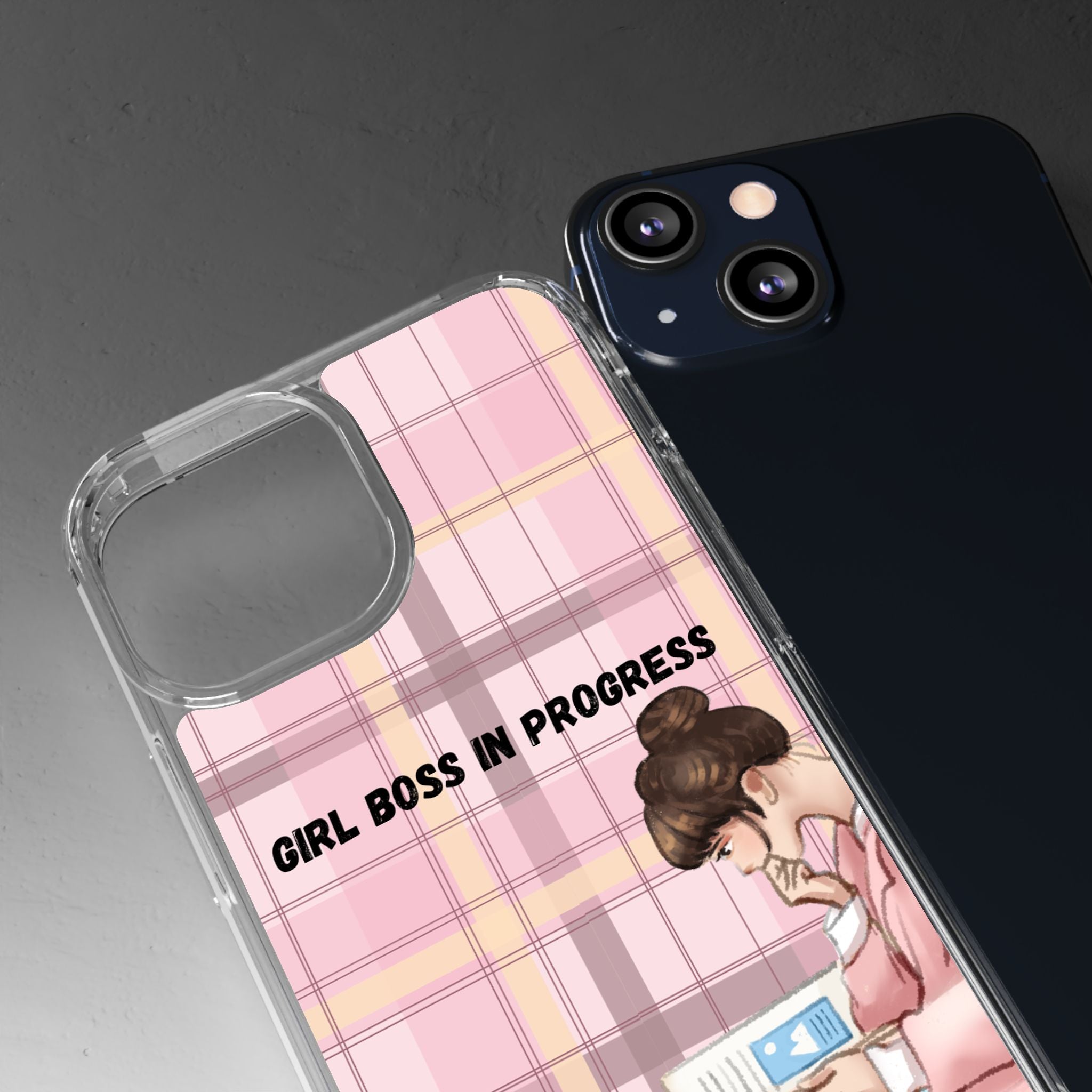 Girl Boss in Progress Clear Phone Case – Pink Plaid Feminine iPhone Cover