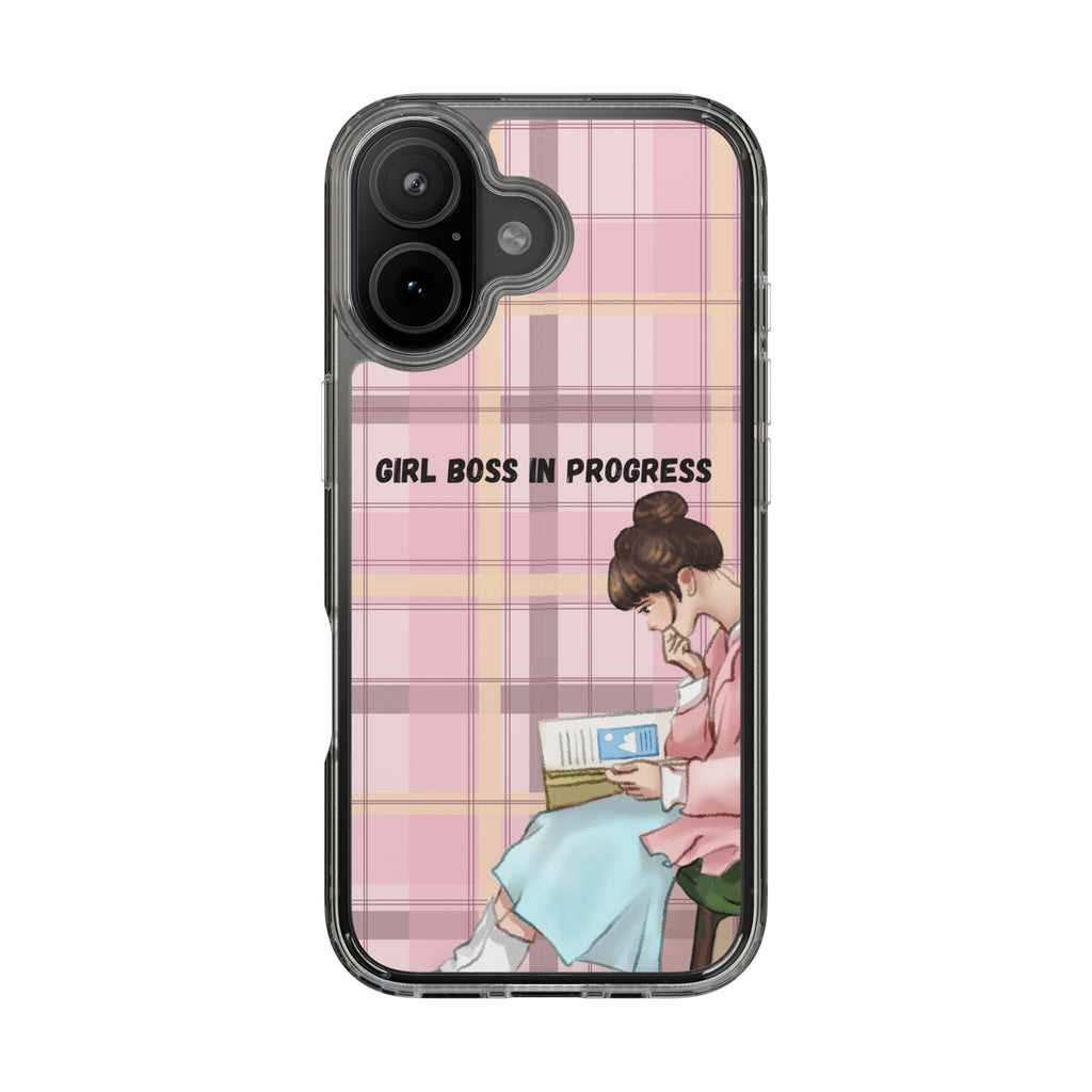 Girl Boss in Progress Clear Phone Case – Pink Plaid Feminine iPhone Cover
