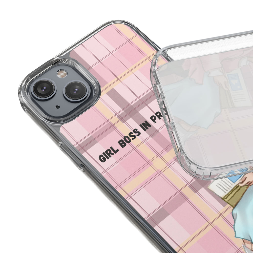 Girl Boss in Progress Clear Phone Case – Pink Plaid Feminine iPhone Cover