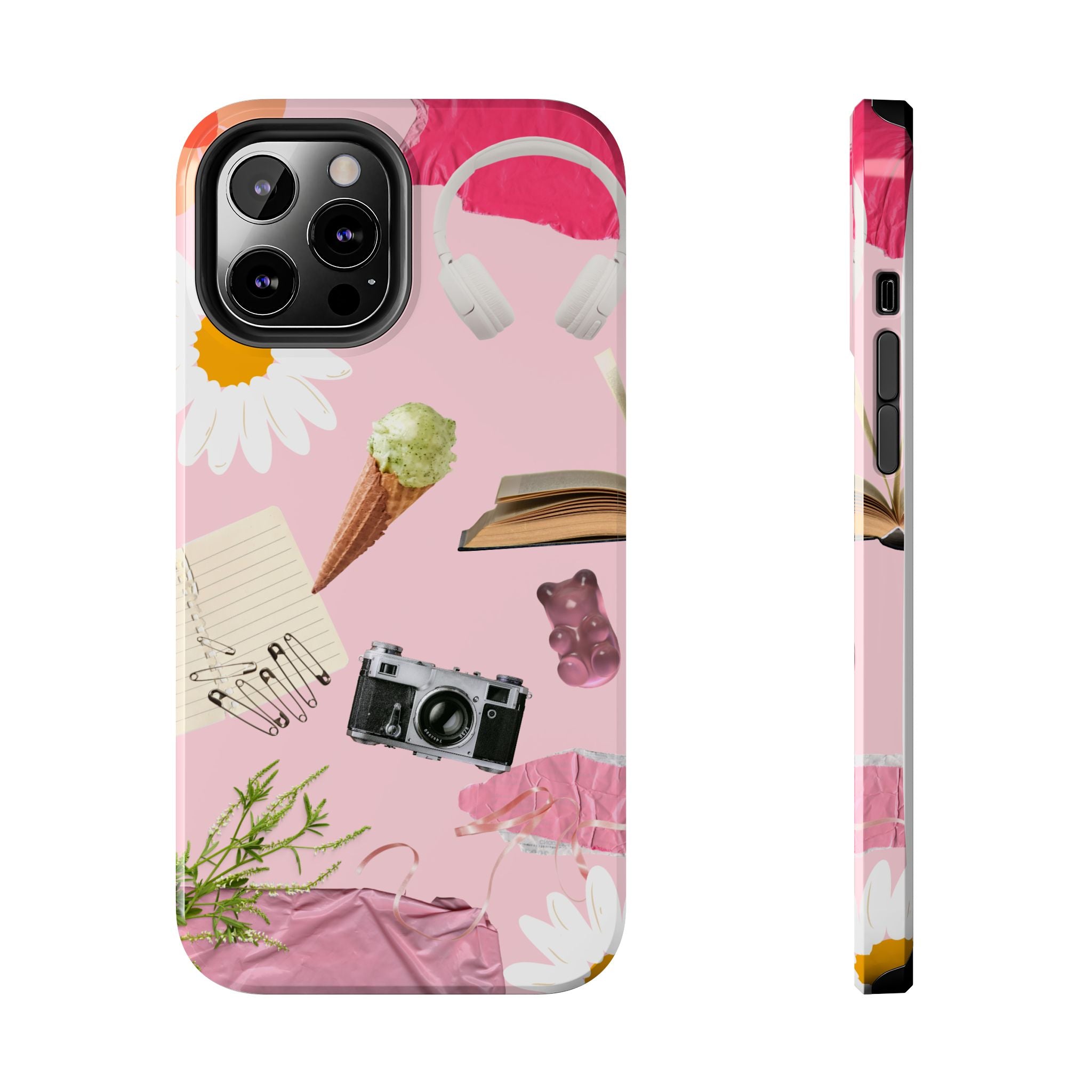 Pastel Collage Tough Phone Case – Cute Floral, Camera & Snacks Pattern