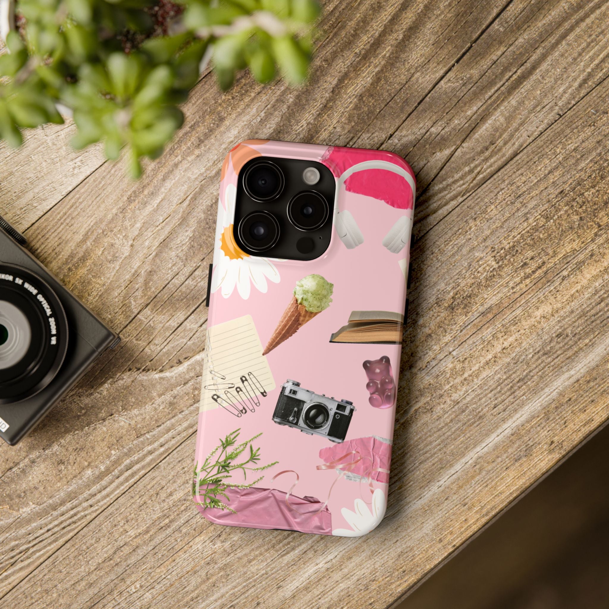 Pastel Collage Tough Phone Case – Cute Floral, Camera & Snacks Pattern