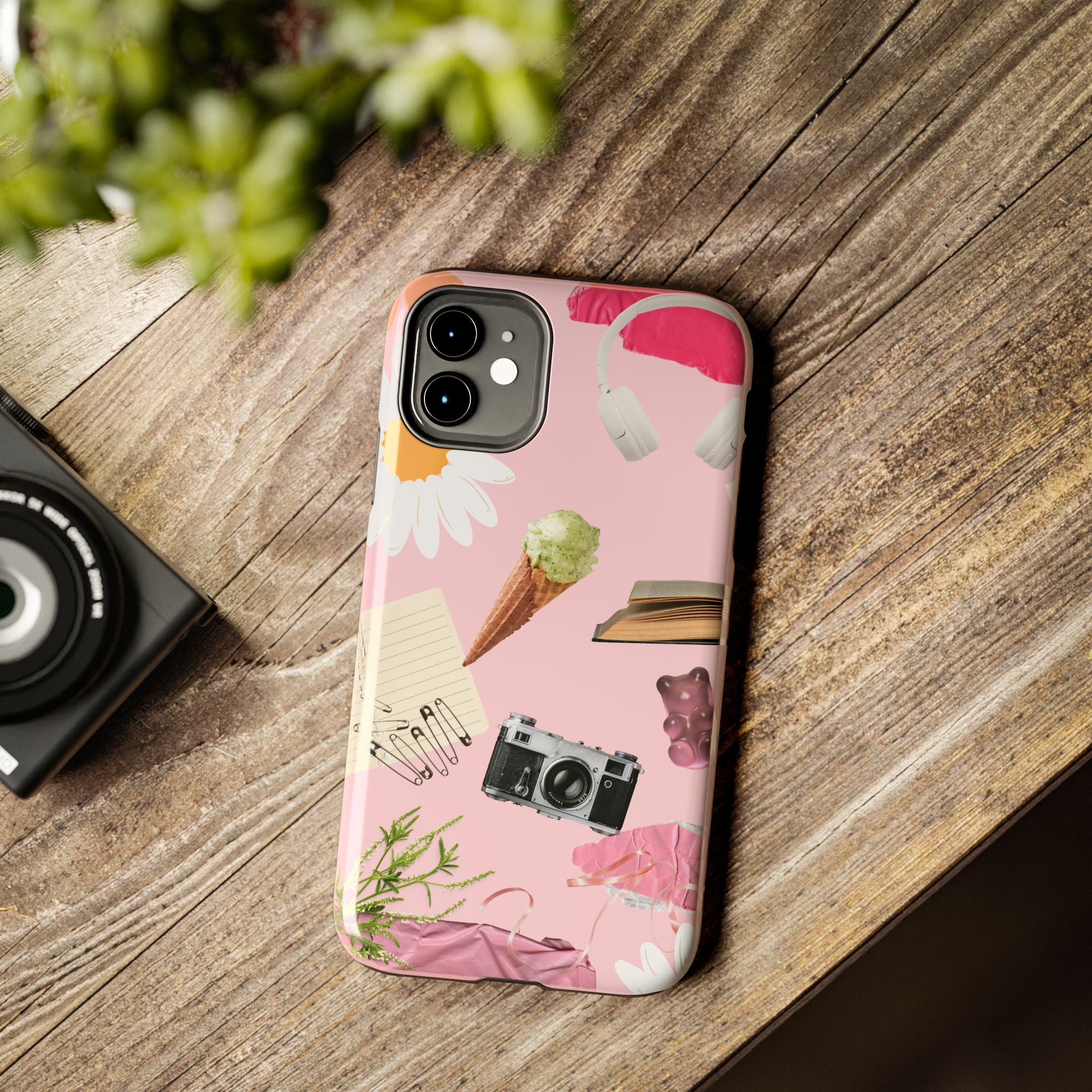 Pastel Collage Tough Phone Case – Cute Floral, Camera & Snacks Pattern