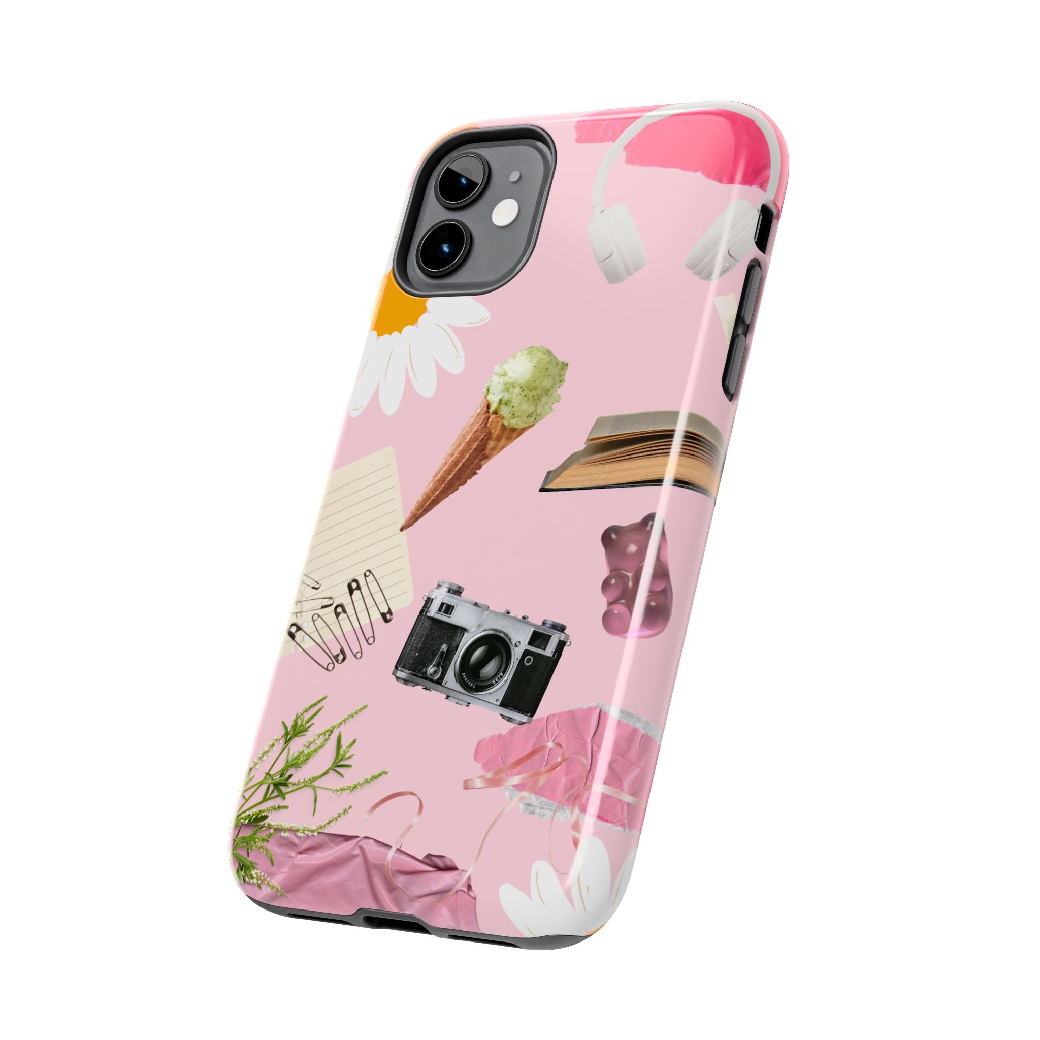 Pastel Collage Tough Phone Case – Cute Floral, Camera & Snacks Pattern