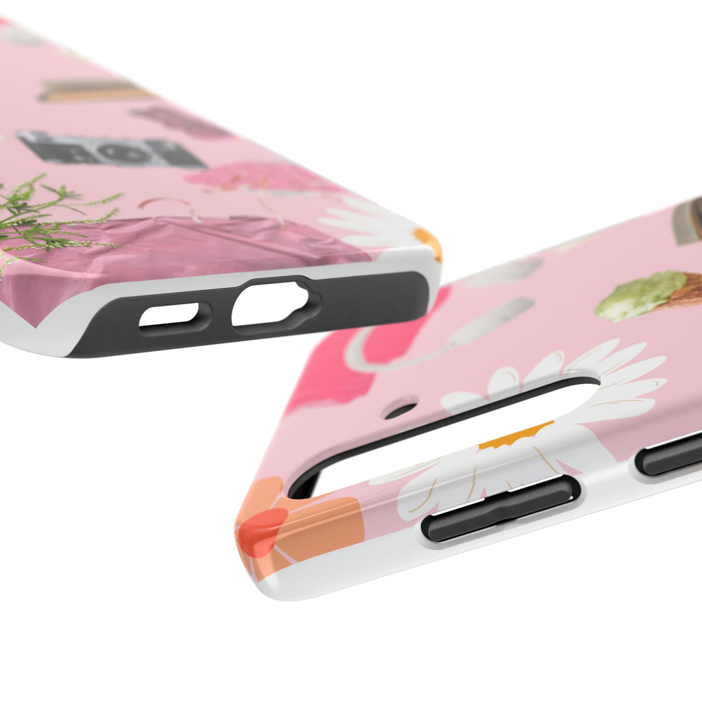 Pastel Collage Tough Phone Case – Cute Floral, Camera & Snacks Pattern