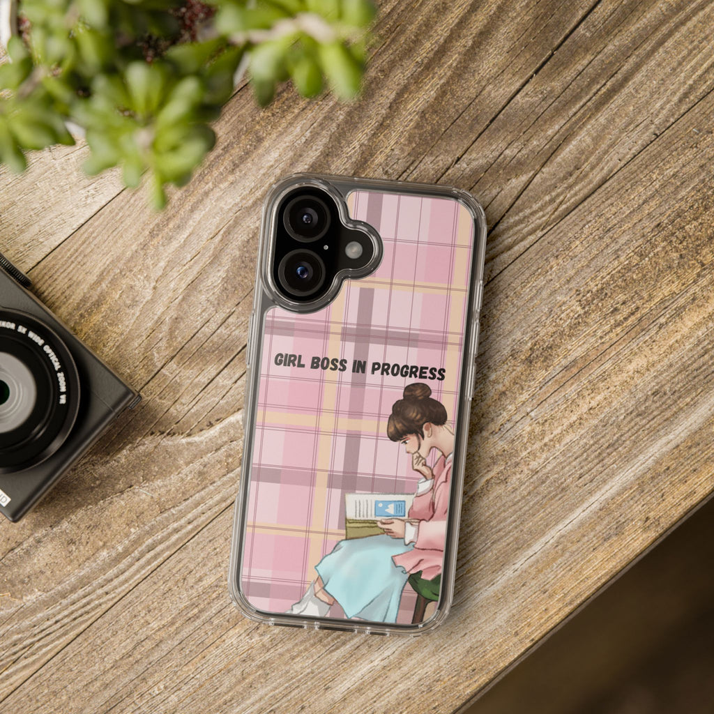 Girl Boss in Progress Clear Phone Case – Pink Plaid Feminine iPhone Cover