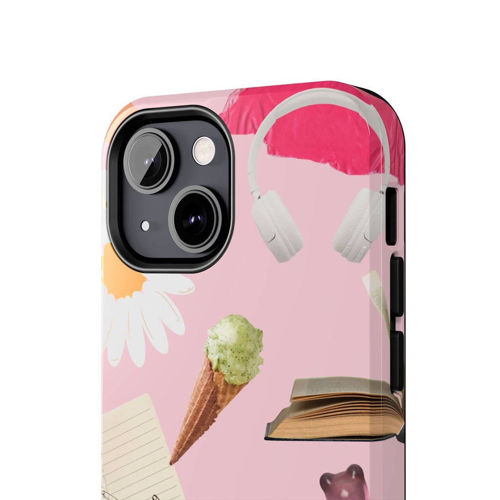 Pastel Collage Tough Phone Case – Cute Floral, Camera & Snacks Pattern