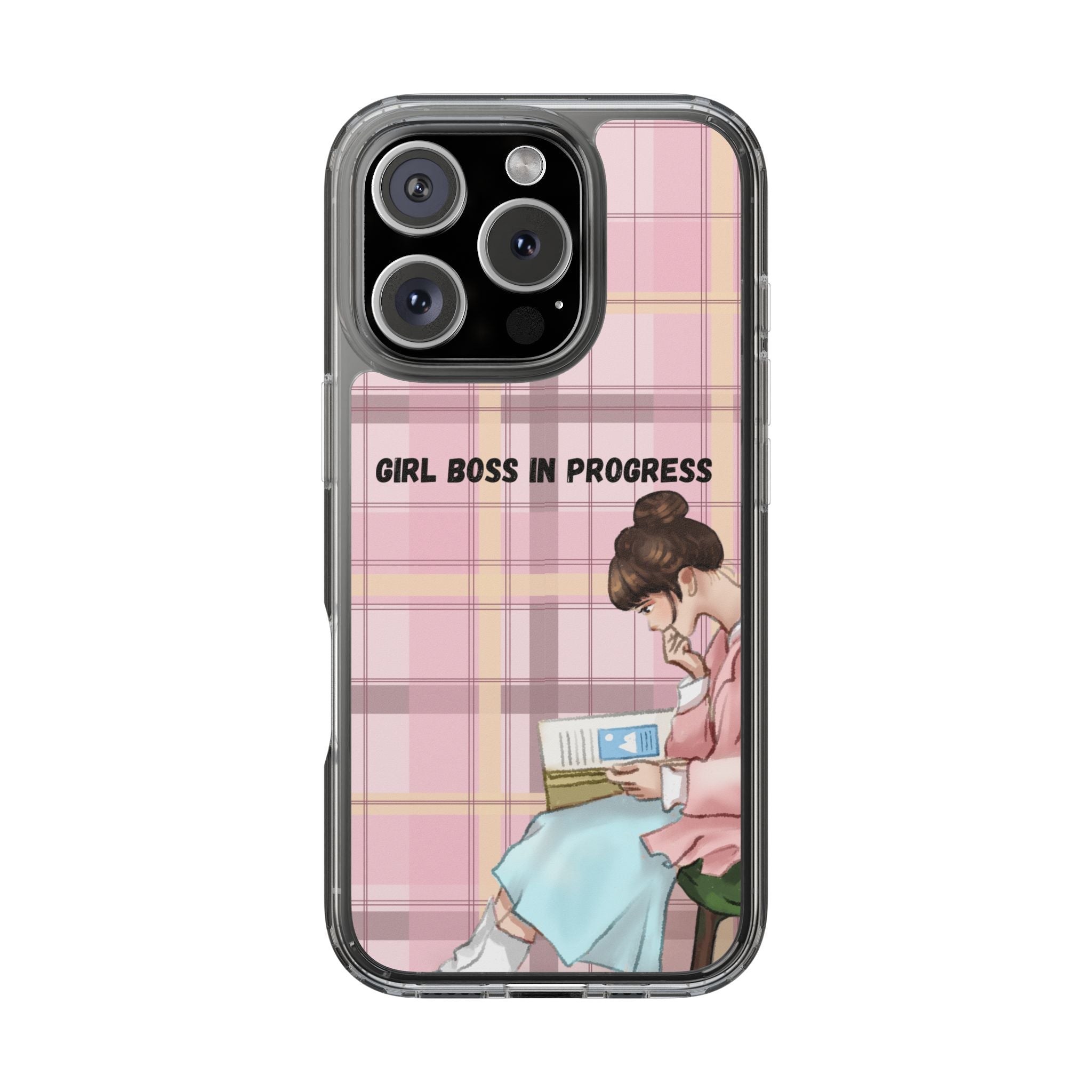 Girl Boss in Progress Clear Phone Case – Pink Plaid Feminine iPhone Cover