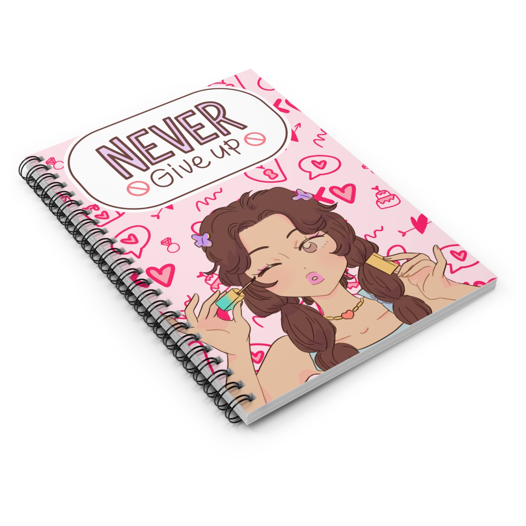 Never Give Up Spiral Notebook — Cute Pink Motivational Journal for Teens