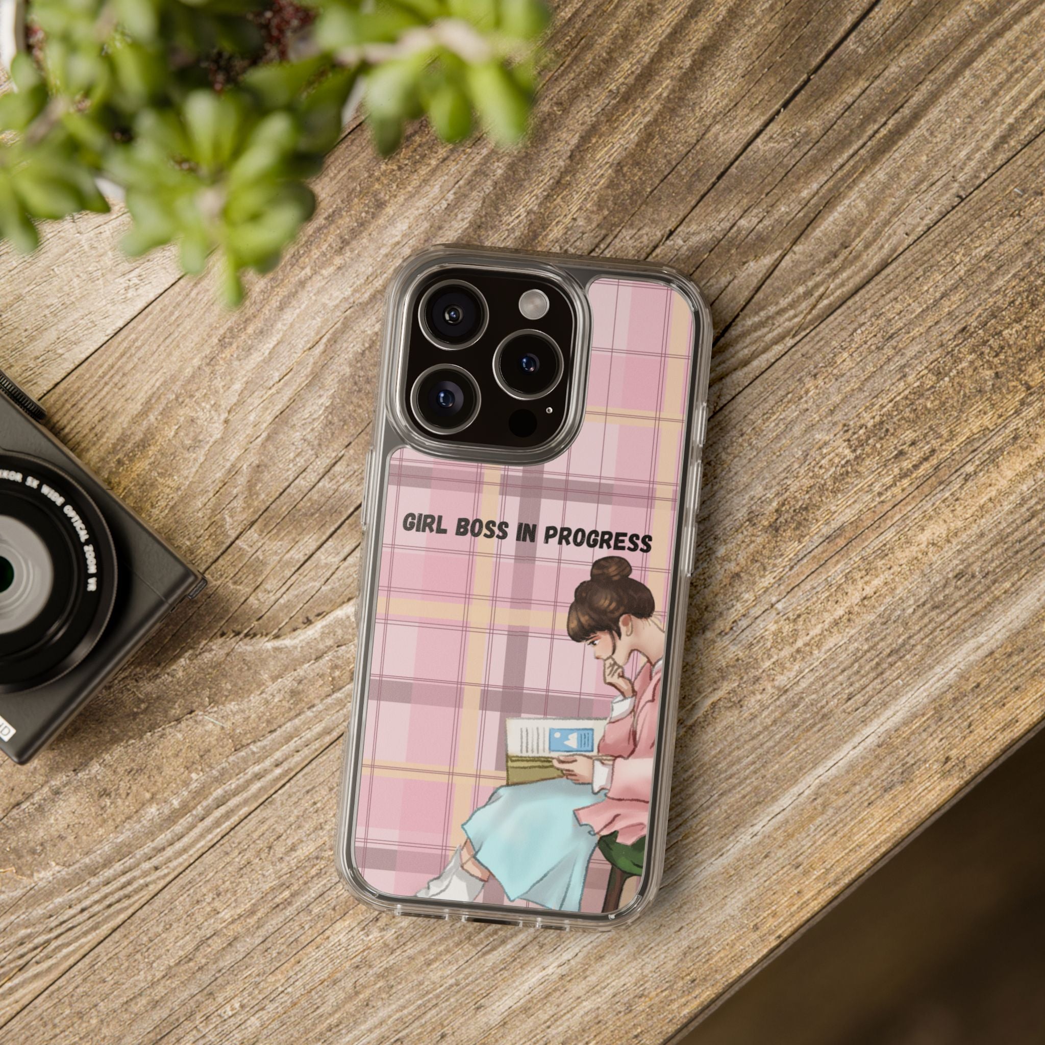 Girl Boss in Progress Clear Phone Case – Pink Plaid Feminine iPhone Cover