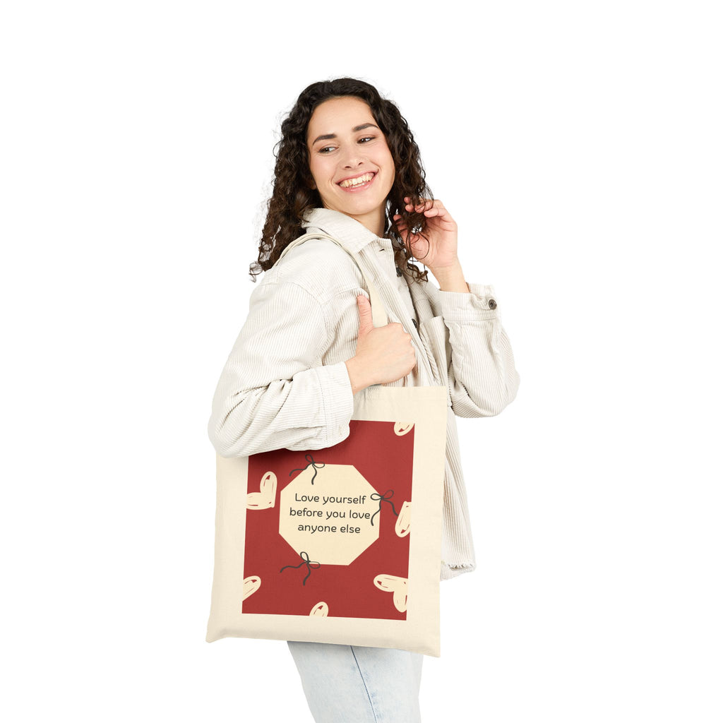 Tote Bag — 'Love Yourself First' Heart Canvas Tote, Self-Care Quote Eco Shopper