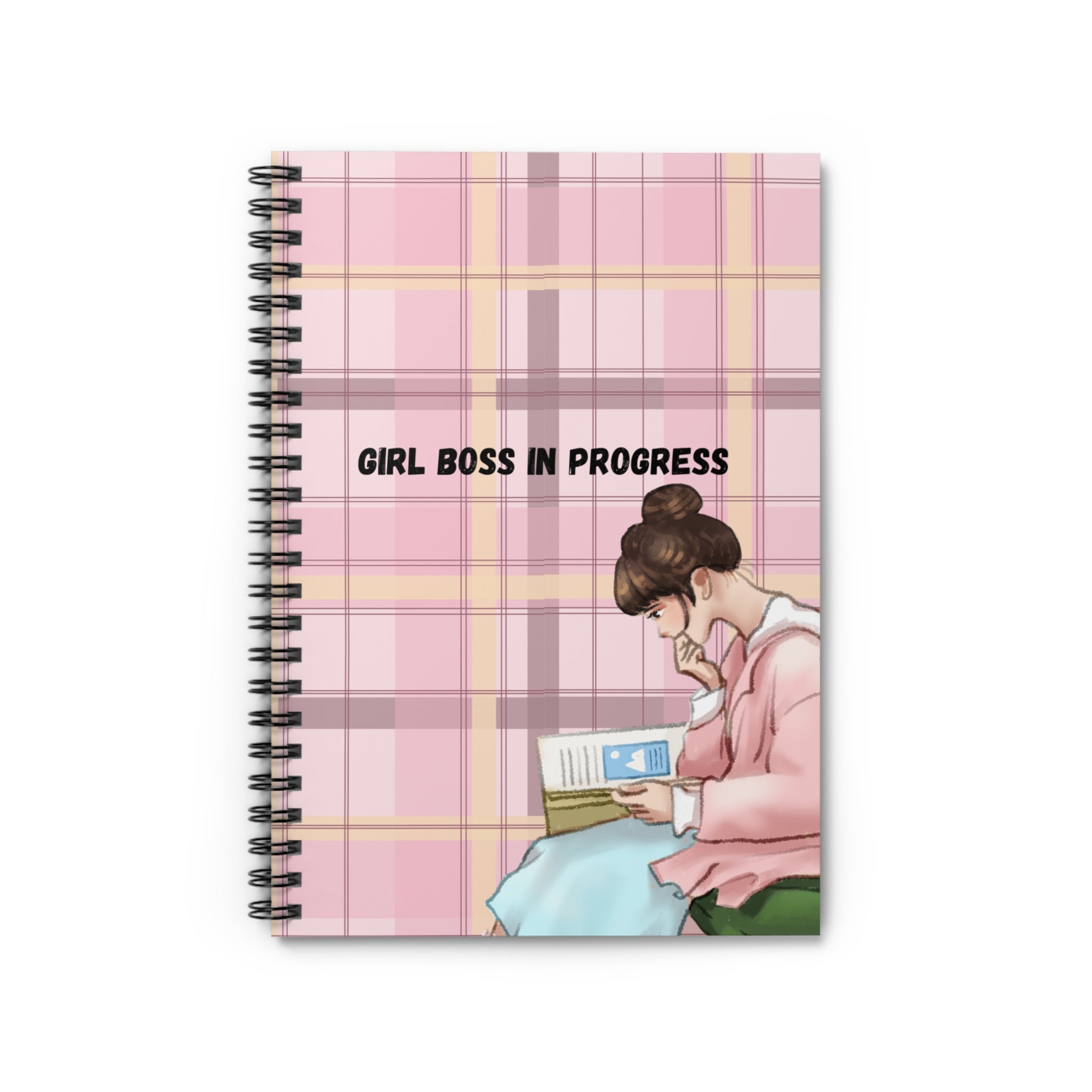 Girl Boss in Progress Spiral Notebook — Pink Plaid Motivational Journal