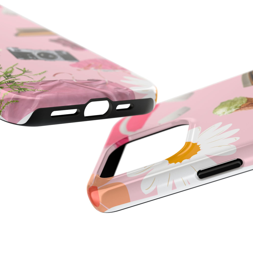 Pastel Collage Tough Phone Case – Cute Floral, Camera & Snacks Pattern