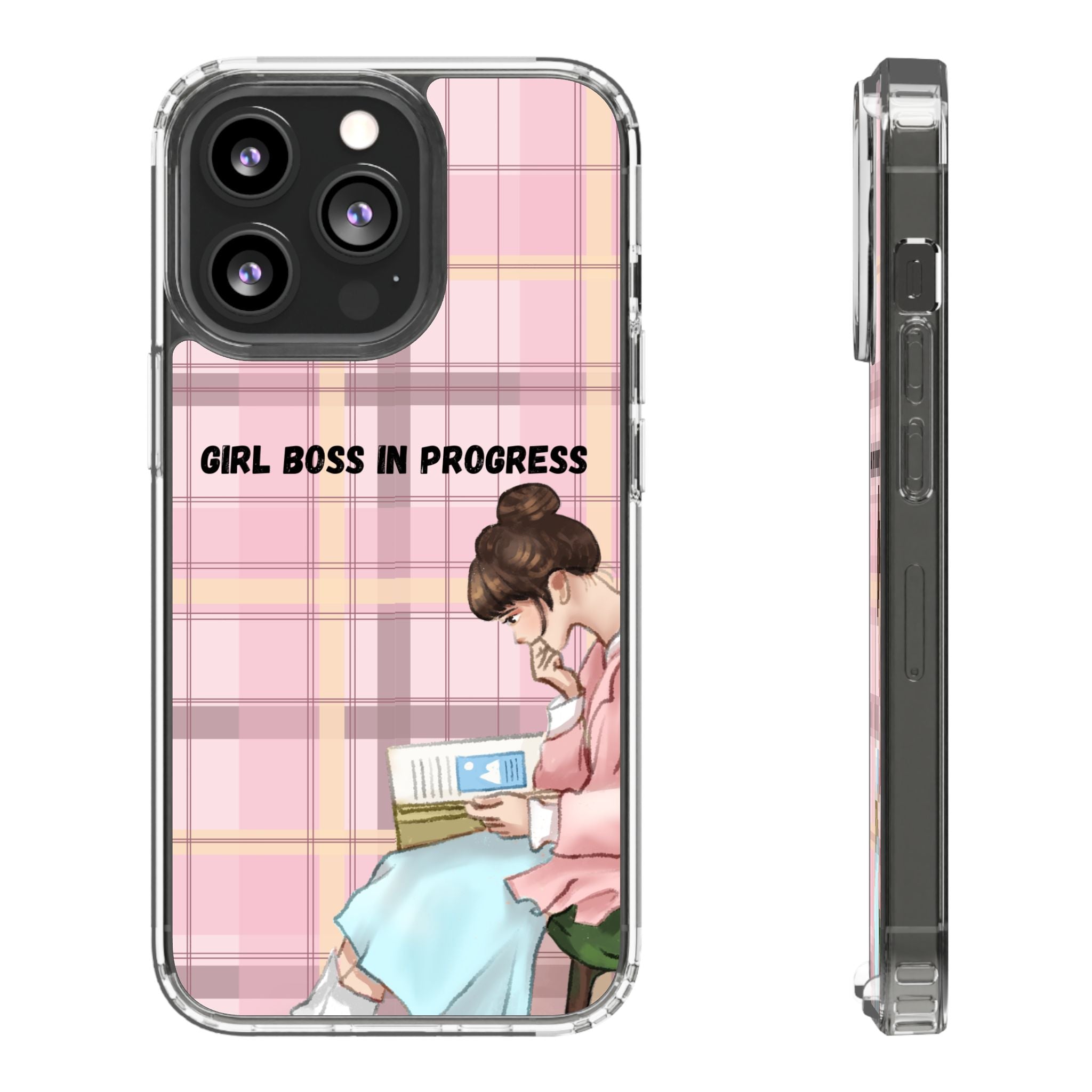 Girl Boss in Progress Clear Phone Case – Pink Plaid Feminine iPhone Cover