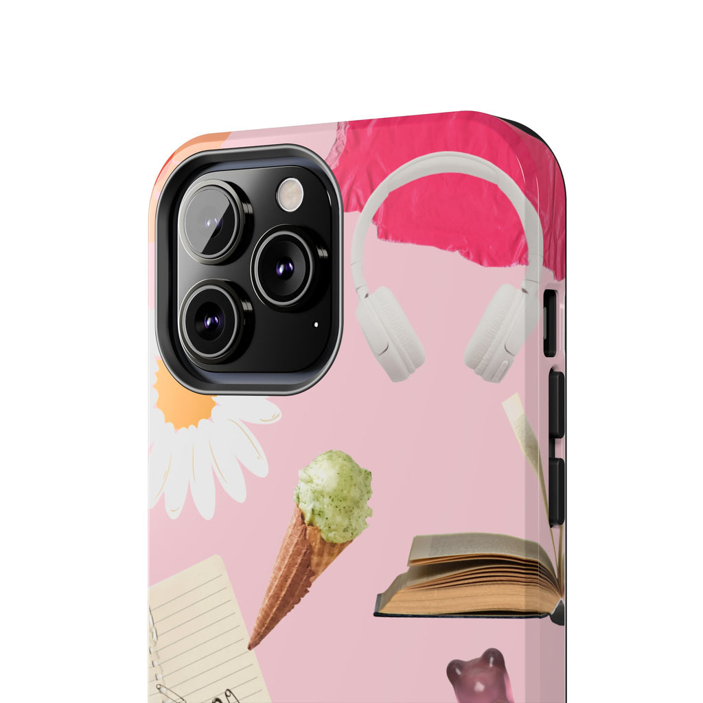 Pastel Collage Tough Phone Case – Cute Floral, Camera & Snacks Pattern