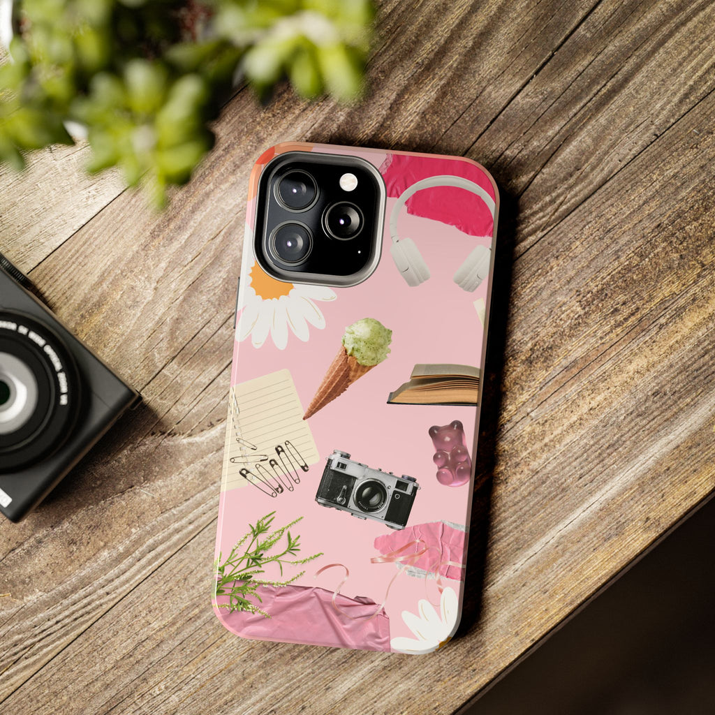 Pastel Collage Tough Phone Case – Cute Floral, Camera & Snacks Pattern