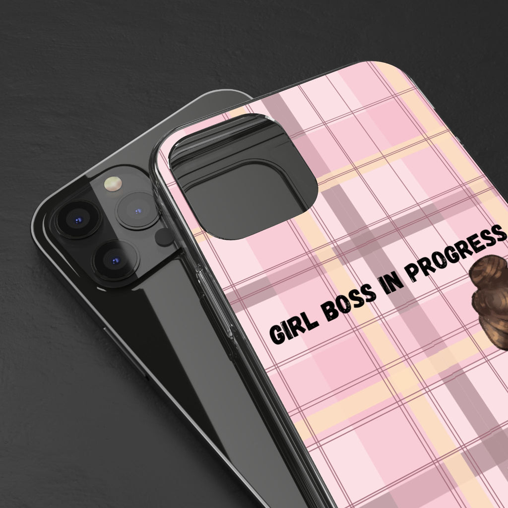 Girl Boss in Progress Clear Phone Case – Pink Plaid Feminine iPhone Cover