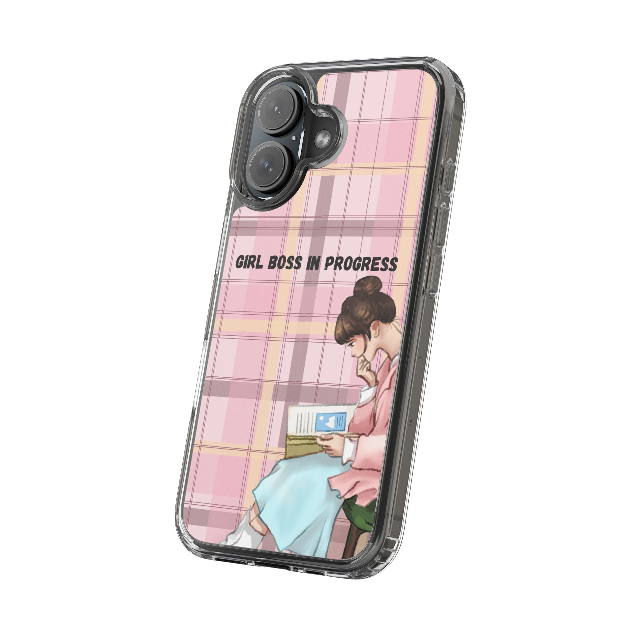 Girl Boss in Progress Clear Phone Case – Pink Plaid Feminine iPhone Cover