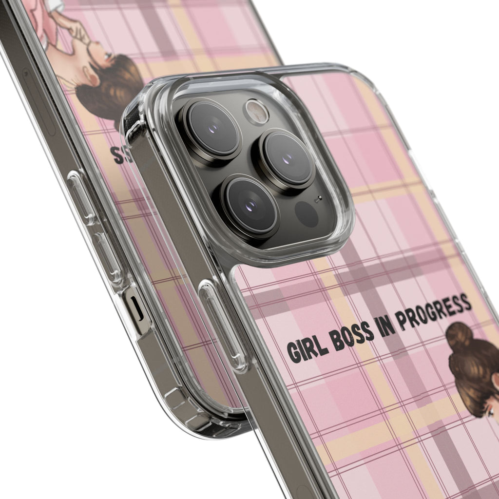 Girl Boss in Progress Clear Phone Case – Pink Plaid Feminine iPhone Cover