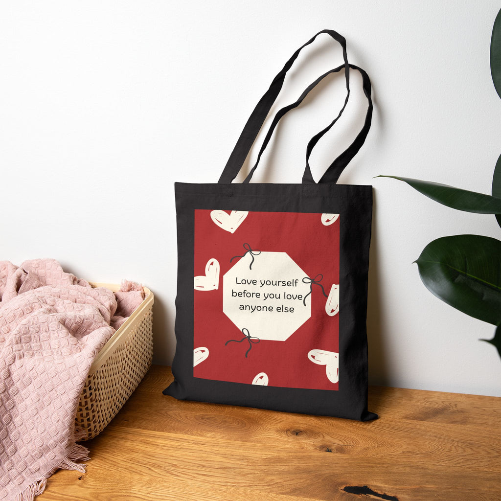 Tote Bag — 'Love Yourself First' Heart Canvas Tote, Self-Care Quote Eco Shopper