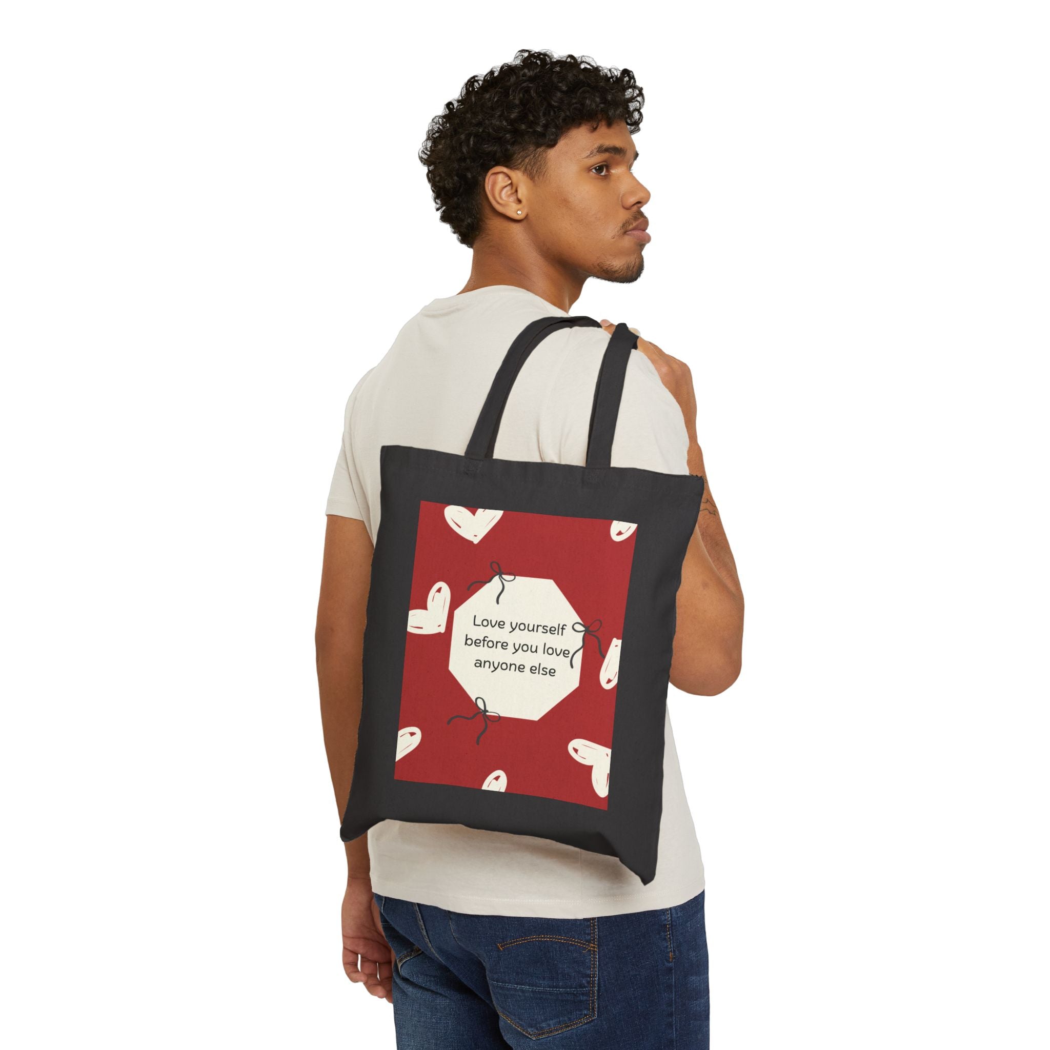 Tote Bag — 'Love Yourself First' Heart Canvas Tote, Self-Care Quote Eco Shopper