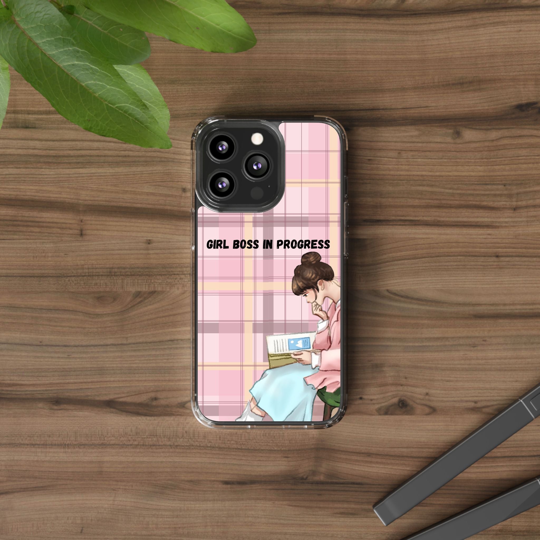 Girl Boss in Progress Clear Phone Case – Pink Plaid Feminine iPhone Cover