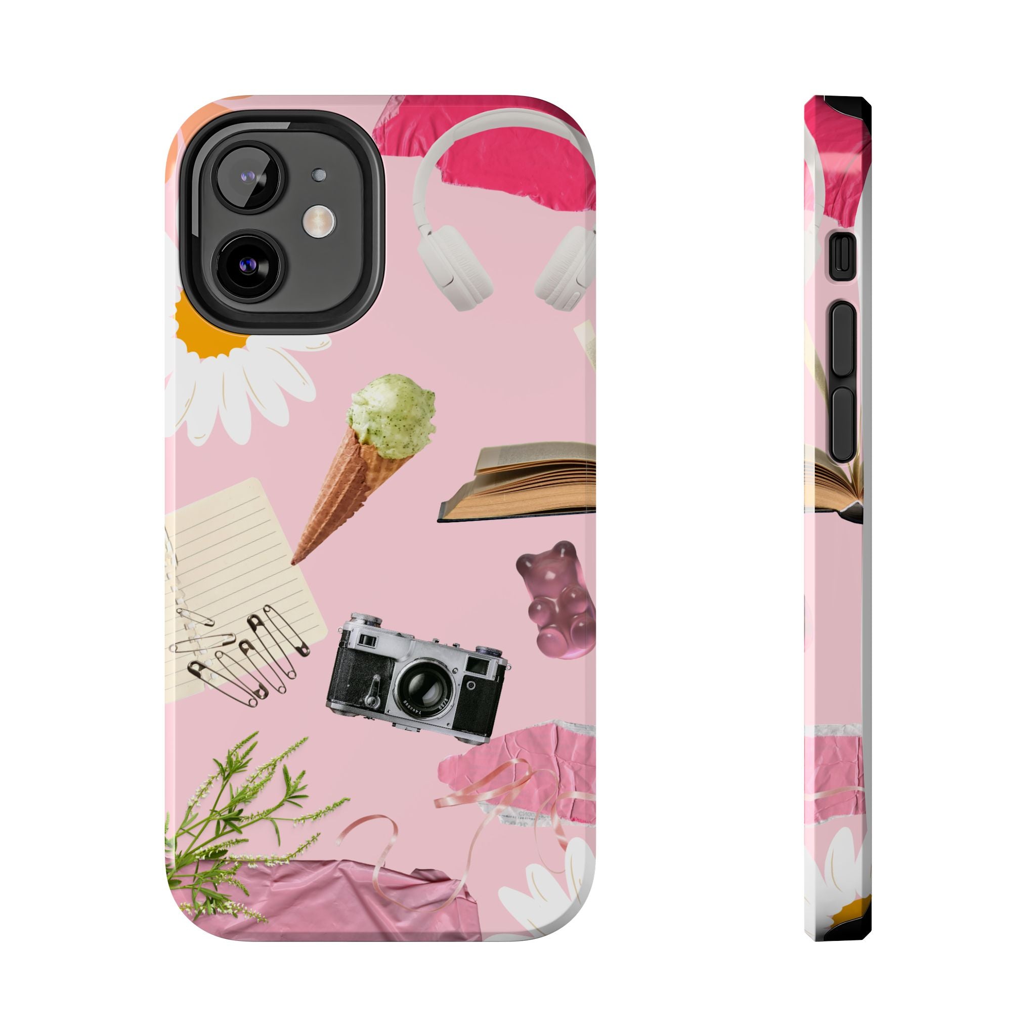 Pastel Collage Tough Phone Case – Cute Floral, Camera & Snacks Pattern