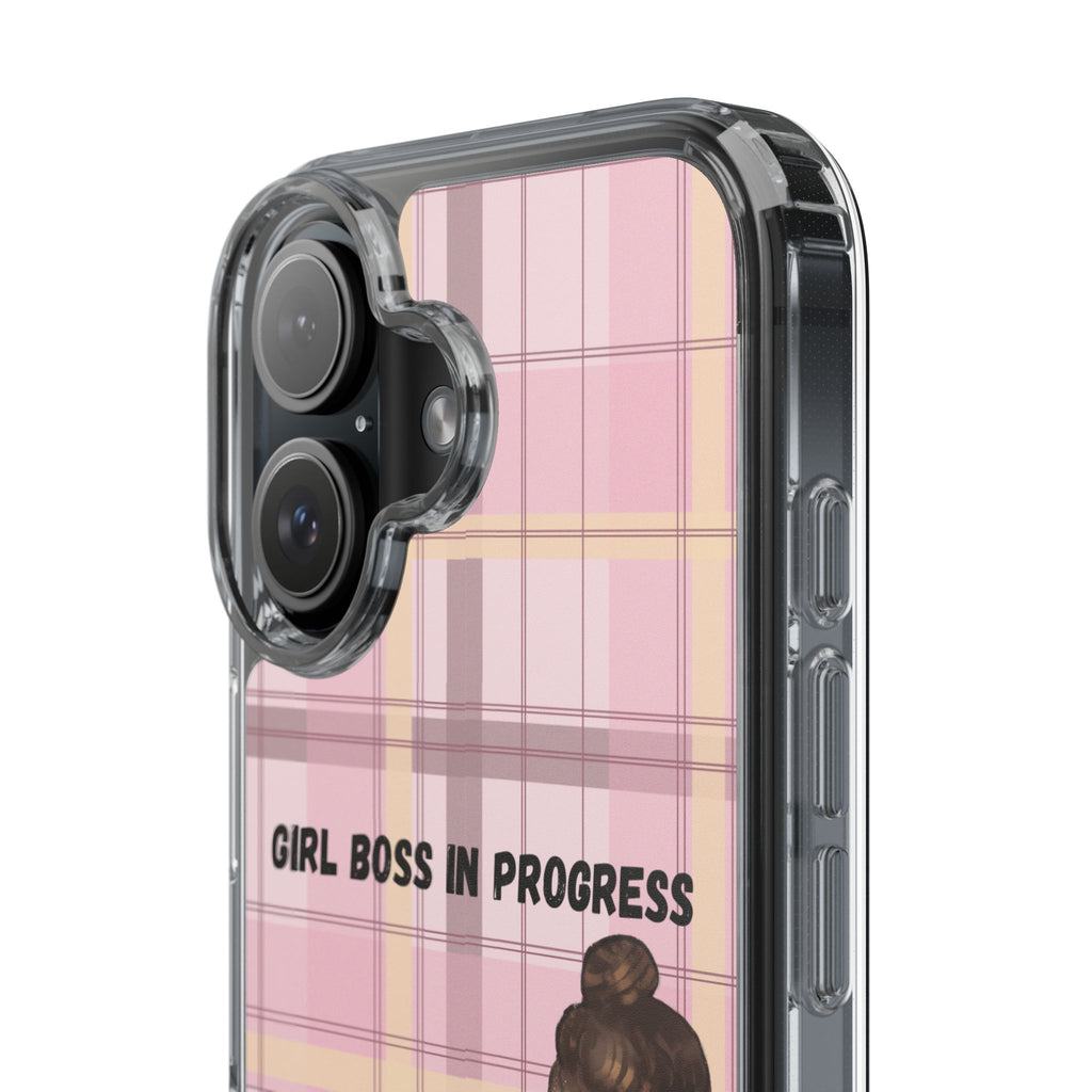 Girl Boss in Progress Clear Phone Case – Pink Plaid Feminine iPhone Cover