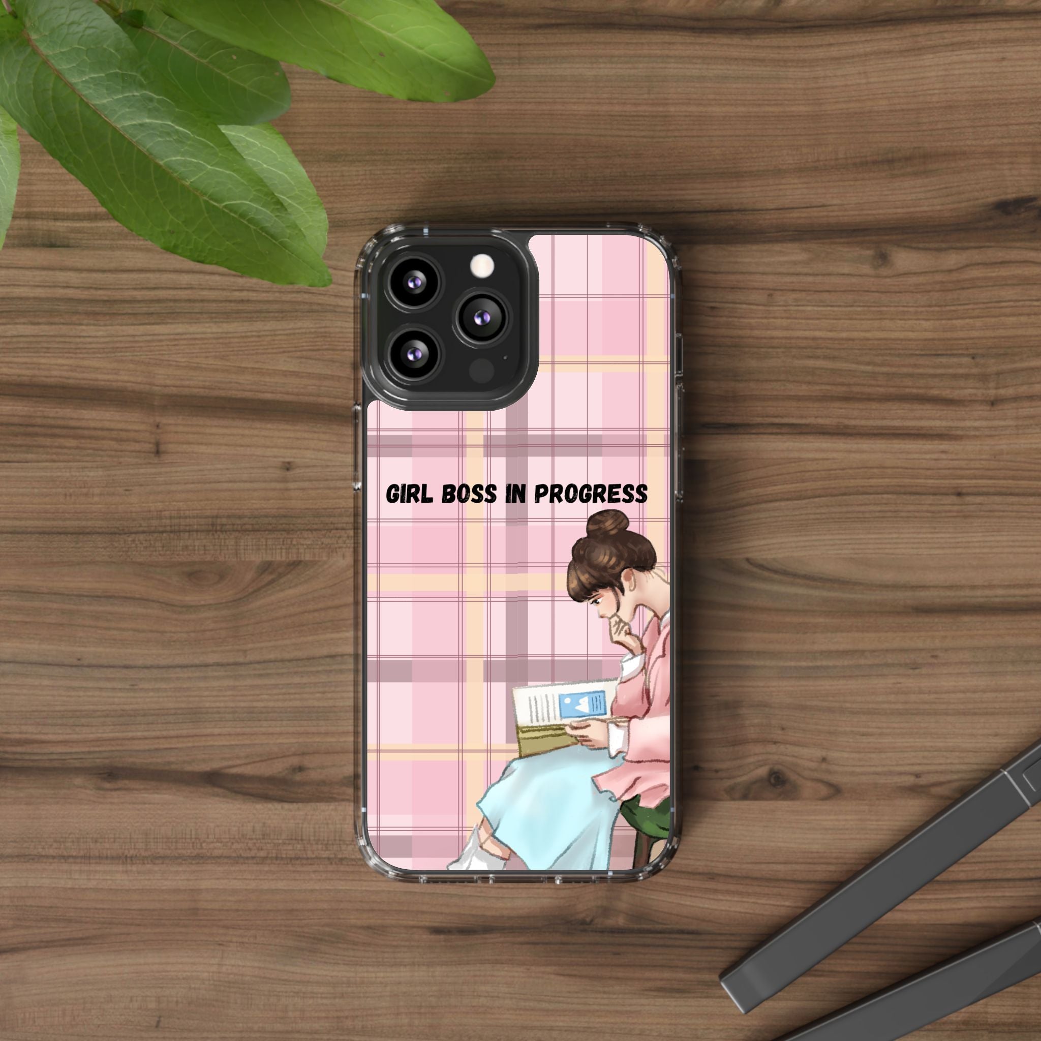 Girl Boss in Progress Clear Phone Case – Pink Plaid Feminine iPhone Cover