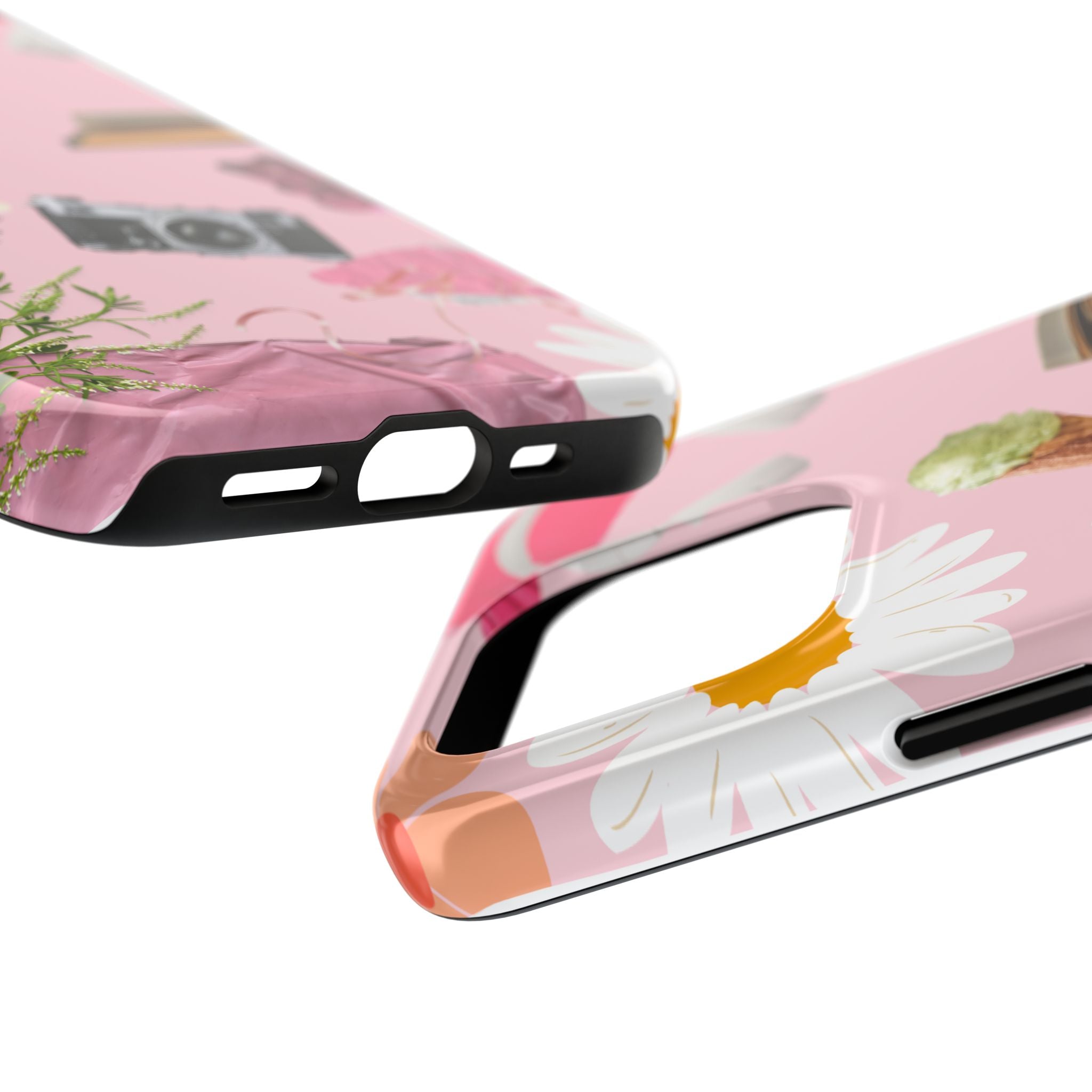 Pastel Collage Tough Phone Case – Cute Floral, Camera & Snacks Pattern