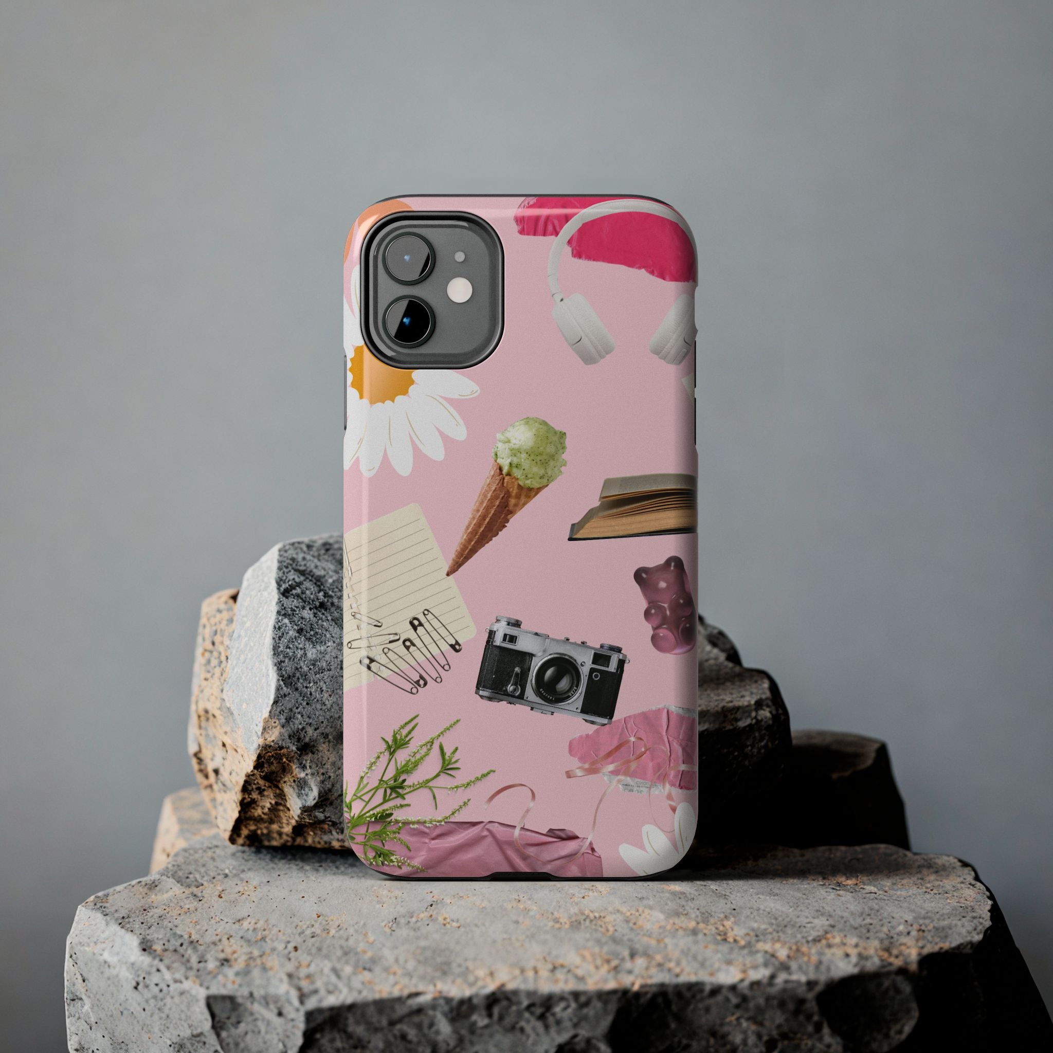 Pastel Collage Tough Phone Case – Cute Floral, Camera & Snacks Pattern
