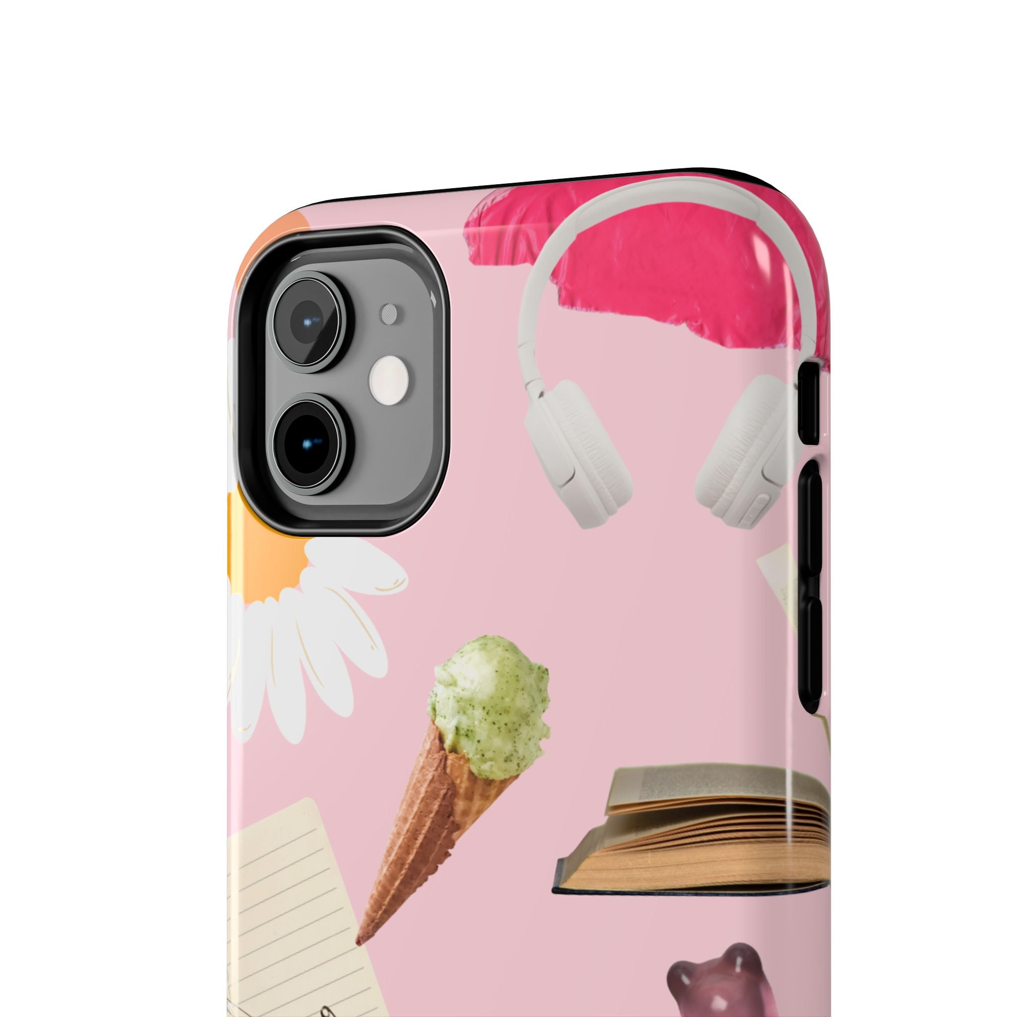 Pastel Collage Tough Phone Case – Cute Floral, Camera & Snacks Pattern