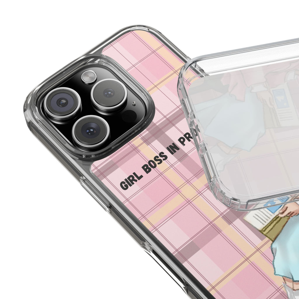 Girl Boss in Progress Clear Phone Case – Pink Plaid Feminine iPhone Cover
