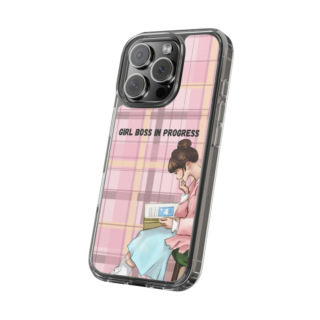 Girl Boss in Progress Clear Phone Case – Pink Plaid Feminine iPhone Cover