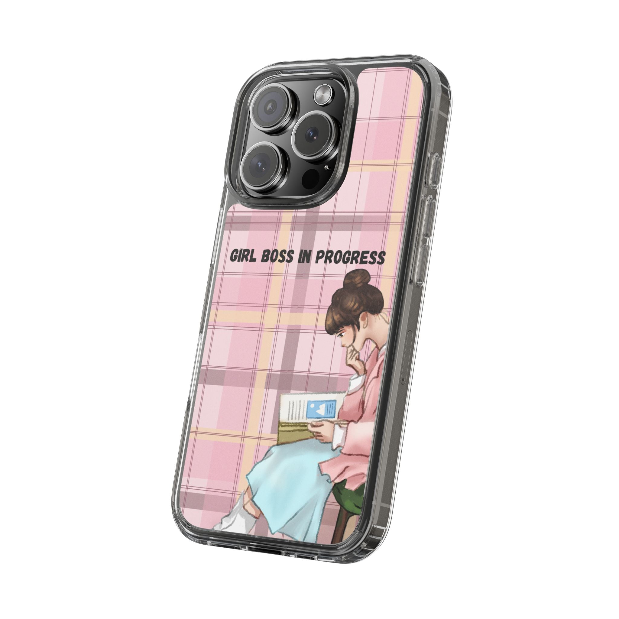 Girl Boss in Progress Clear Phone Case – Pink Plaid Feminine iPhone Cover