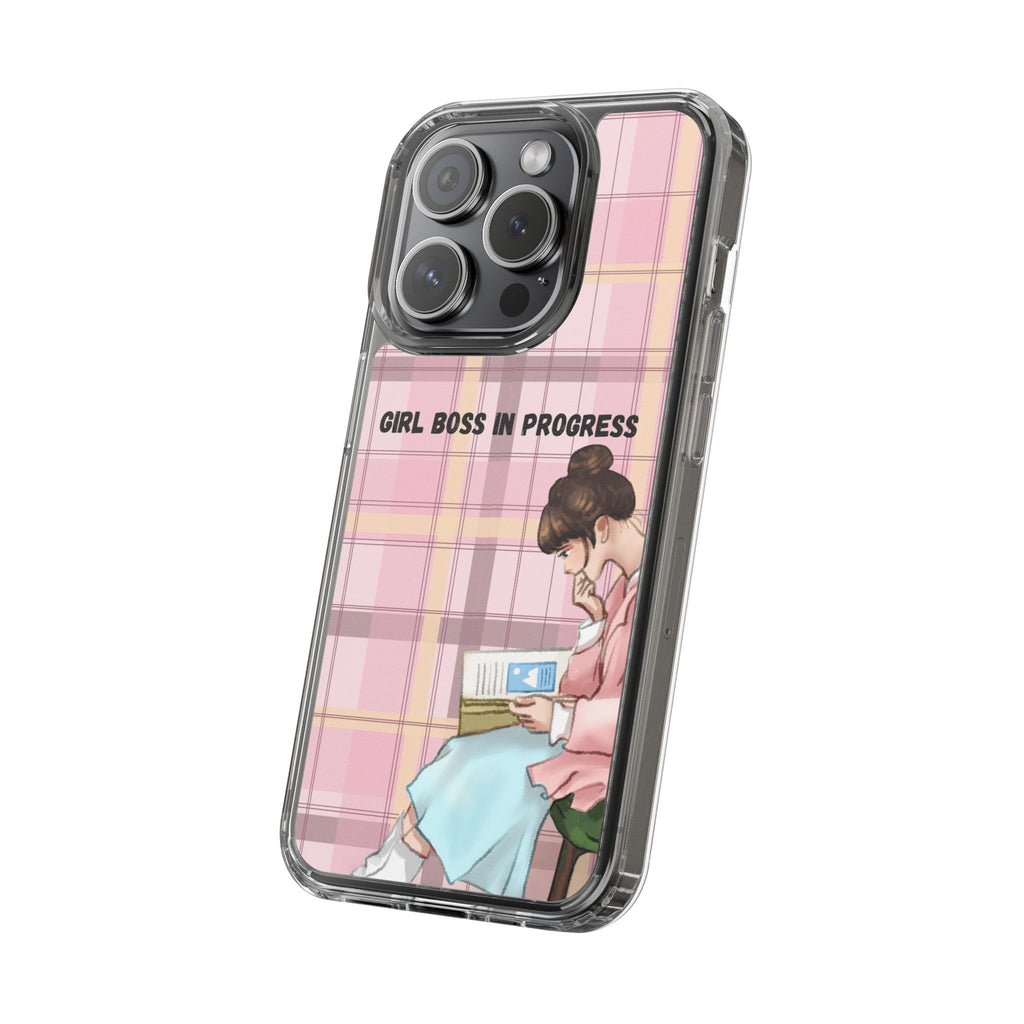 Girl Boss in Progress Clear Phone Case – Pink Plaid Feminine iPhone Cover