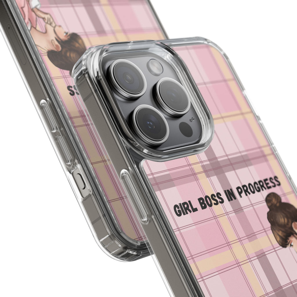 Girl Boss in Progress Clear Phone Case – Pink Plaid Feminine iPhone Cover