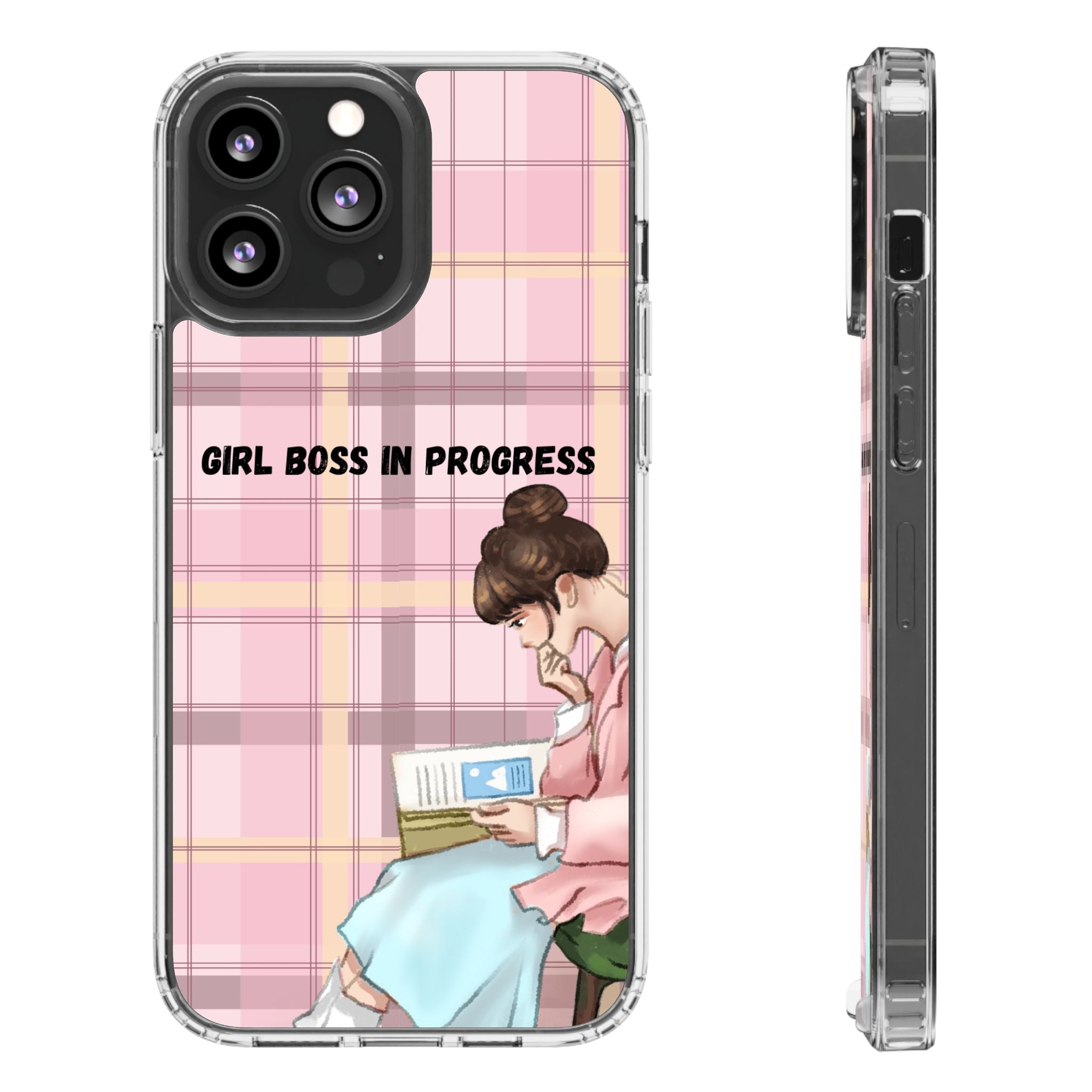 Girl Boss in Progress Clear Phone Case – Pink Plaid Feminine iPhone Cover