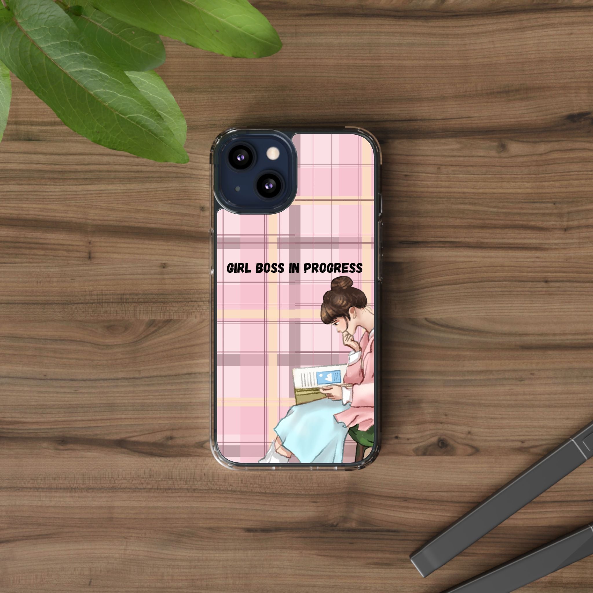 Girl Boss in Progress Clear Phone Case – Pink Plaid Feminine iPhone Cover