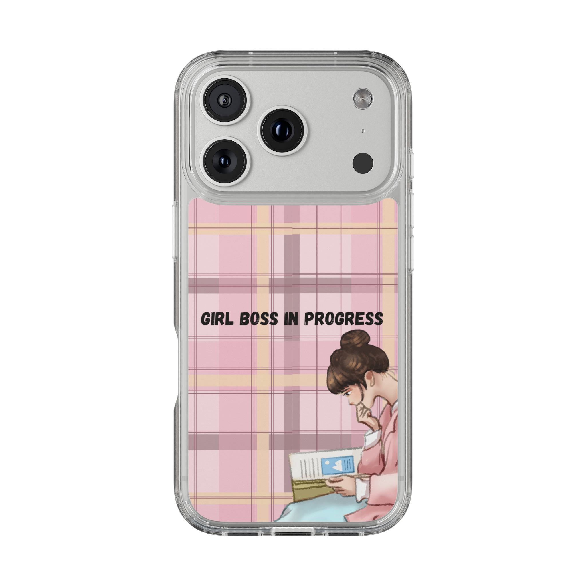 Girl Boss in Progress Clear Phone Case – Pink Plaid Feminine iPhone Cover