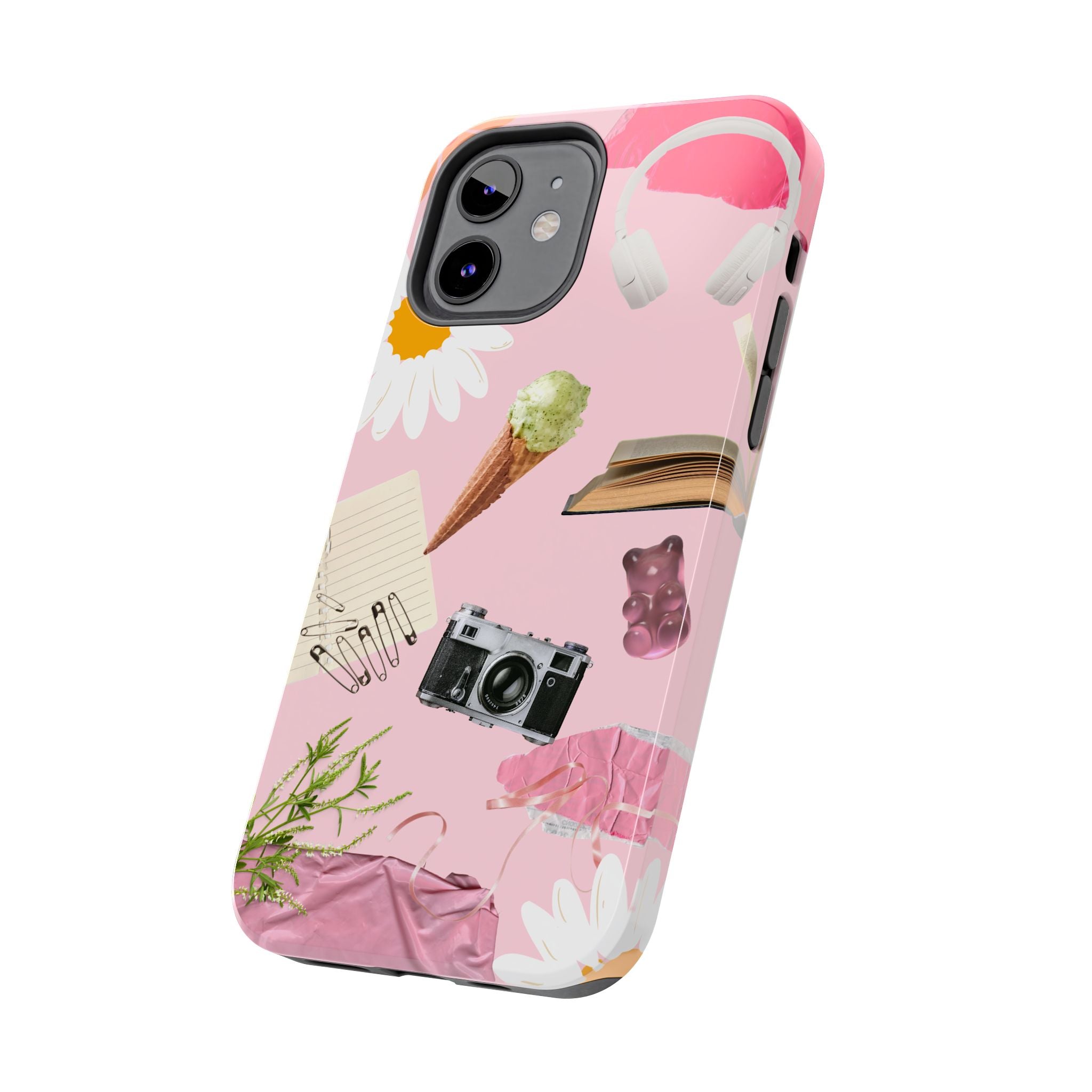 Pastel Collage Tough Phone Case – Cute Floral, Camera & Snacks Pattern