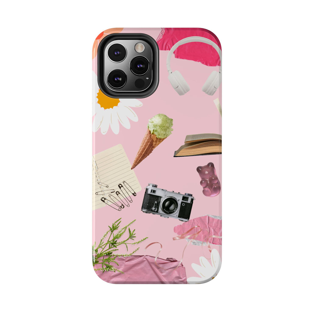 Pastel Collage Tough Phone Case – Cute Floral, Camera & Snacks Pattern