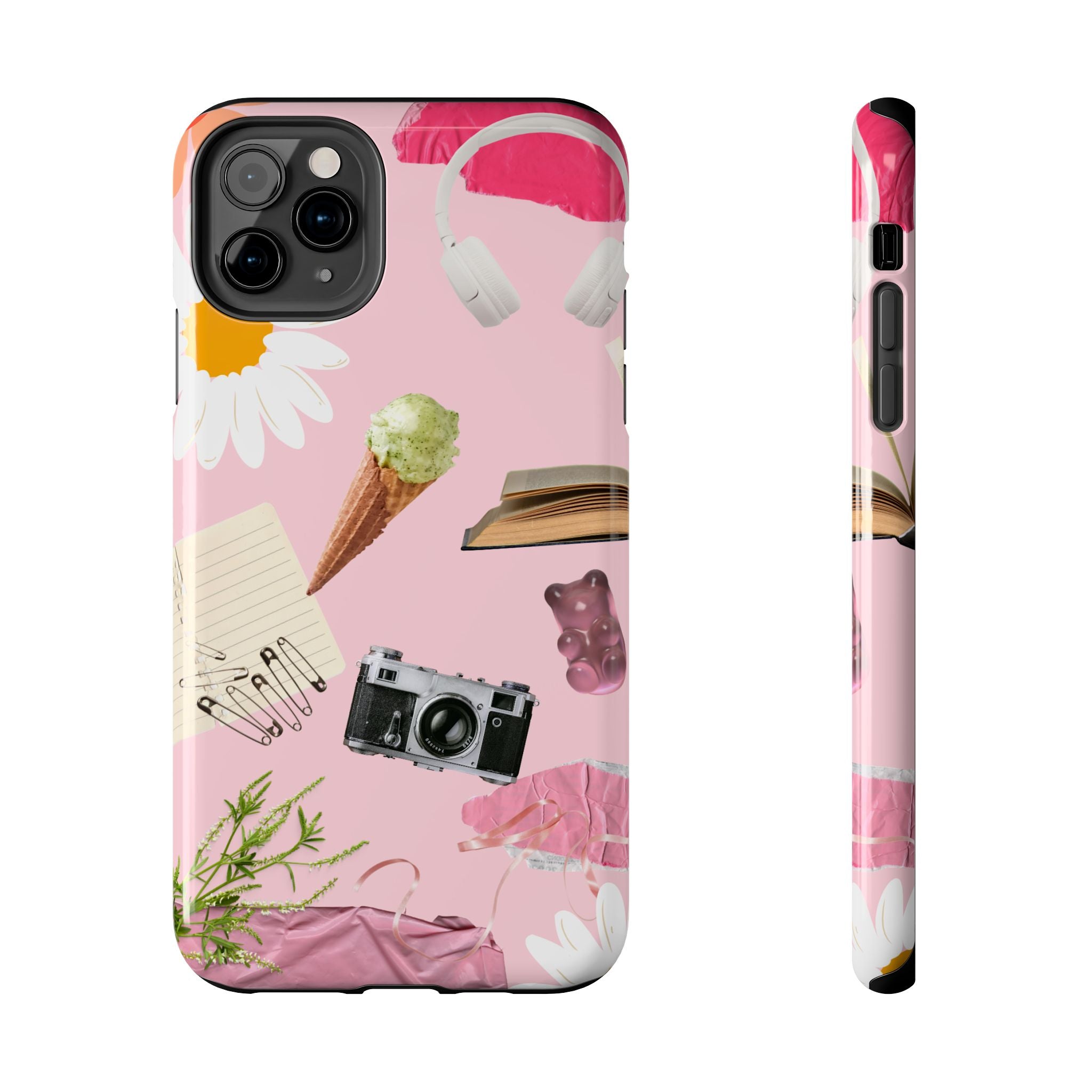 Pastel Collage Tough Phone Case – Cute Floral, Camera & Snacks Pattern
