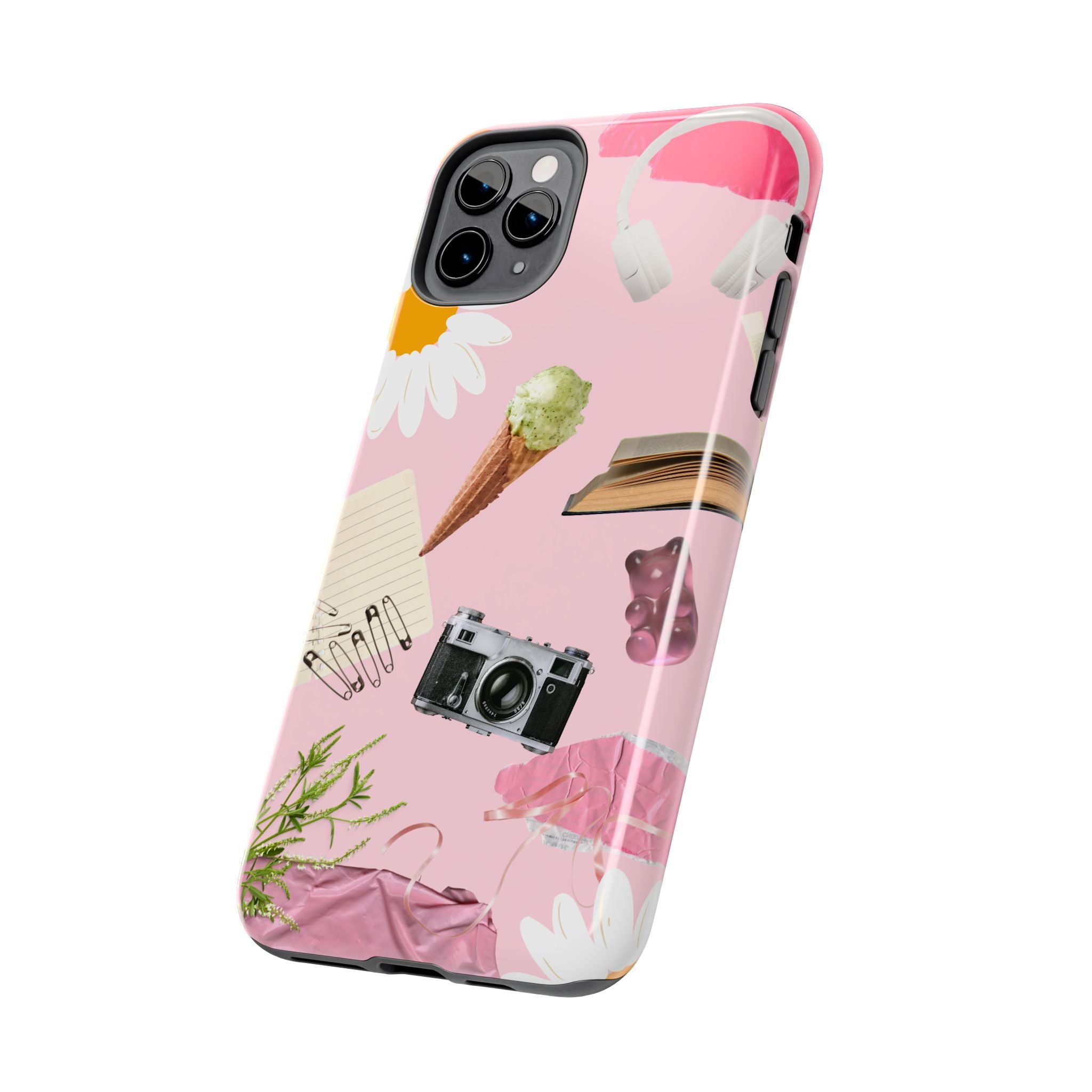 Pastel Collage Tough Phone Case – Cute Floral, Camera & Snacks Pattern