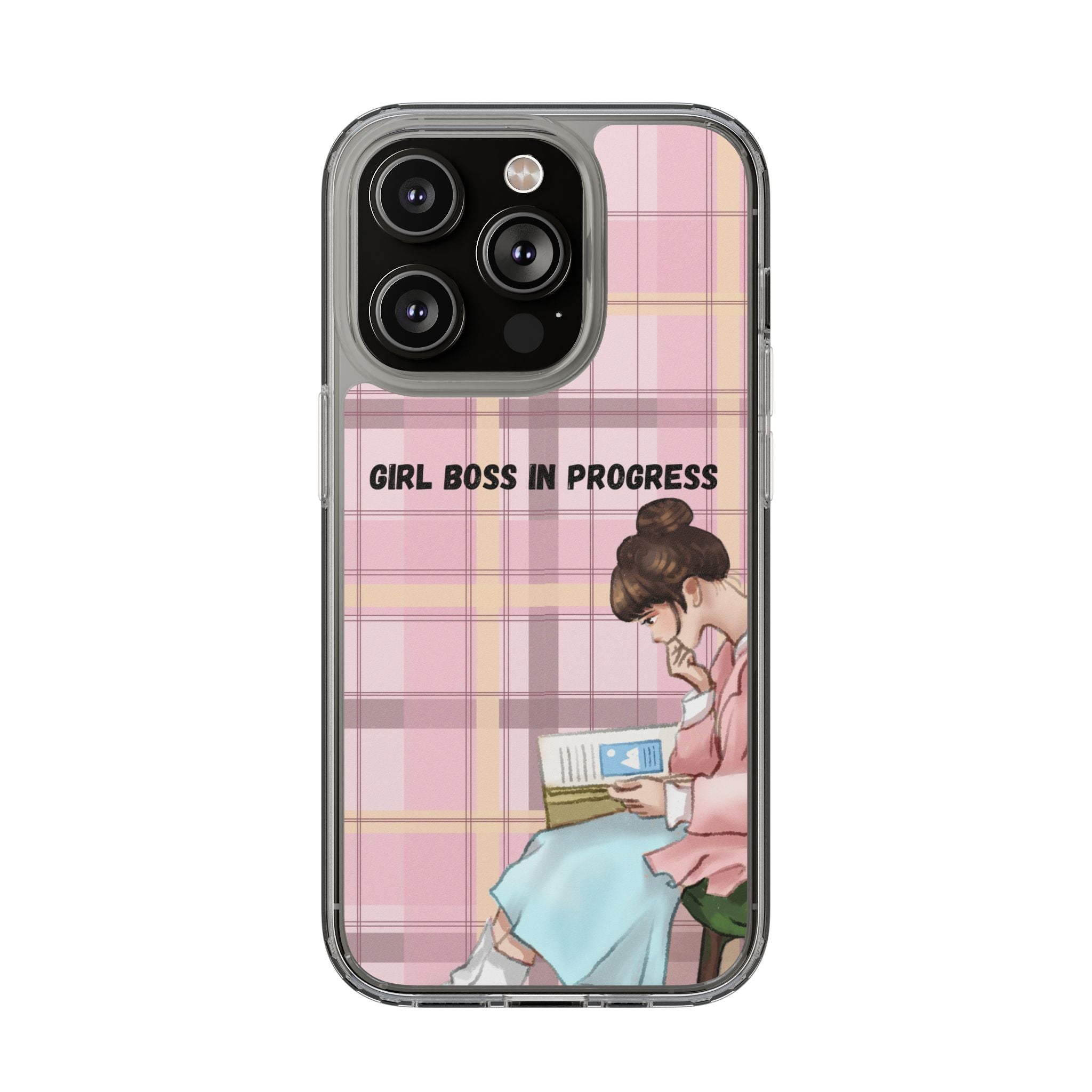 Girl Boss in Progress Clear Phone Case – Pink Plaid Feminine iPhone Cover
