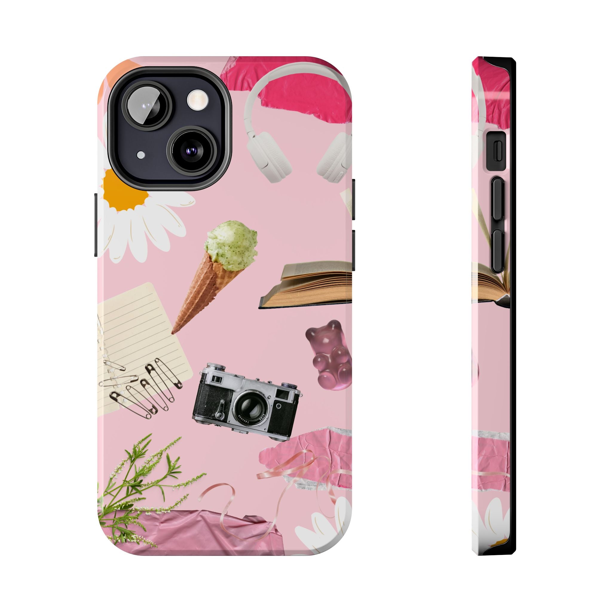 Pastel Collage Tough Phone Case – Cute Floral, Camera & Snacks Pattern